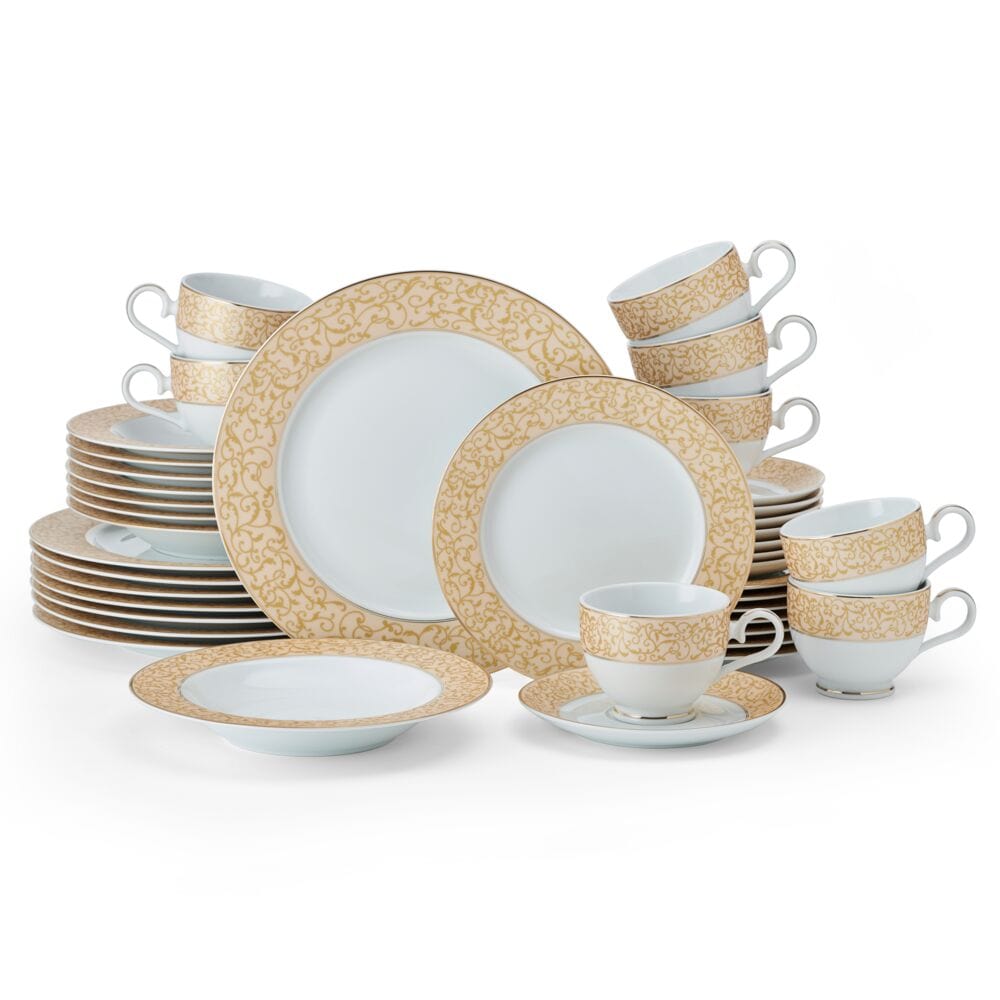 Luxury 40-Piece Gold Dinnerware Set for 8 - Elegant Parchment Color Fine China for Formal Dining, Wedding Registry & Special Occasions