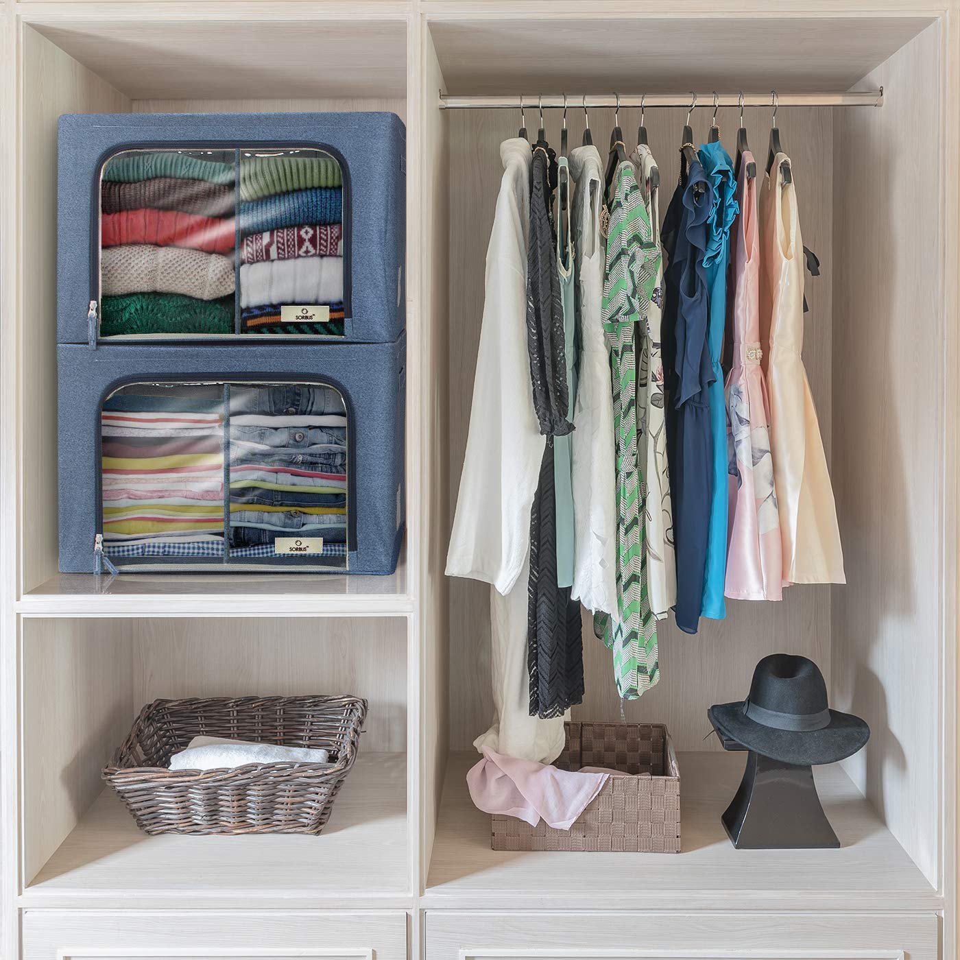 Sorbus Storage Bins with Divided Interior - Large Stackable & Foldable Organizer Containers with Metal Frame, Oxford Fabric, Clear Window & Carry Handles - Perfect for Bedroom, Closet, Linen & Clothing Storage - Ideal for Home, Office & Travel Organization