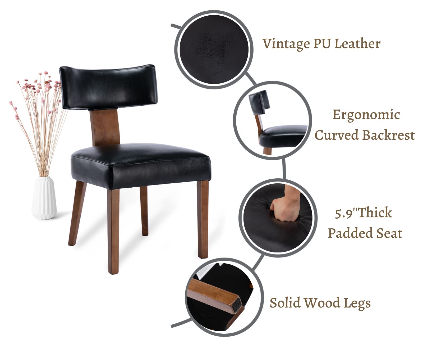 EALSON Mid Century Modern Dining Chairs Set of 2 - Genuine Leather Upholstered Kitchen Chairs with Solid Wood Legs & Curved Back - Farmhouse Style Accent Chairs for Dining Room, Living Room or Kitchen (Black) - Perfect for Home Decor, Dinner Parties and Cozy Family Gatherings