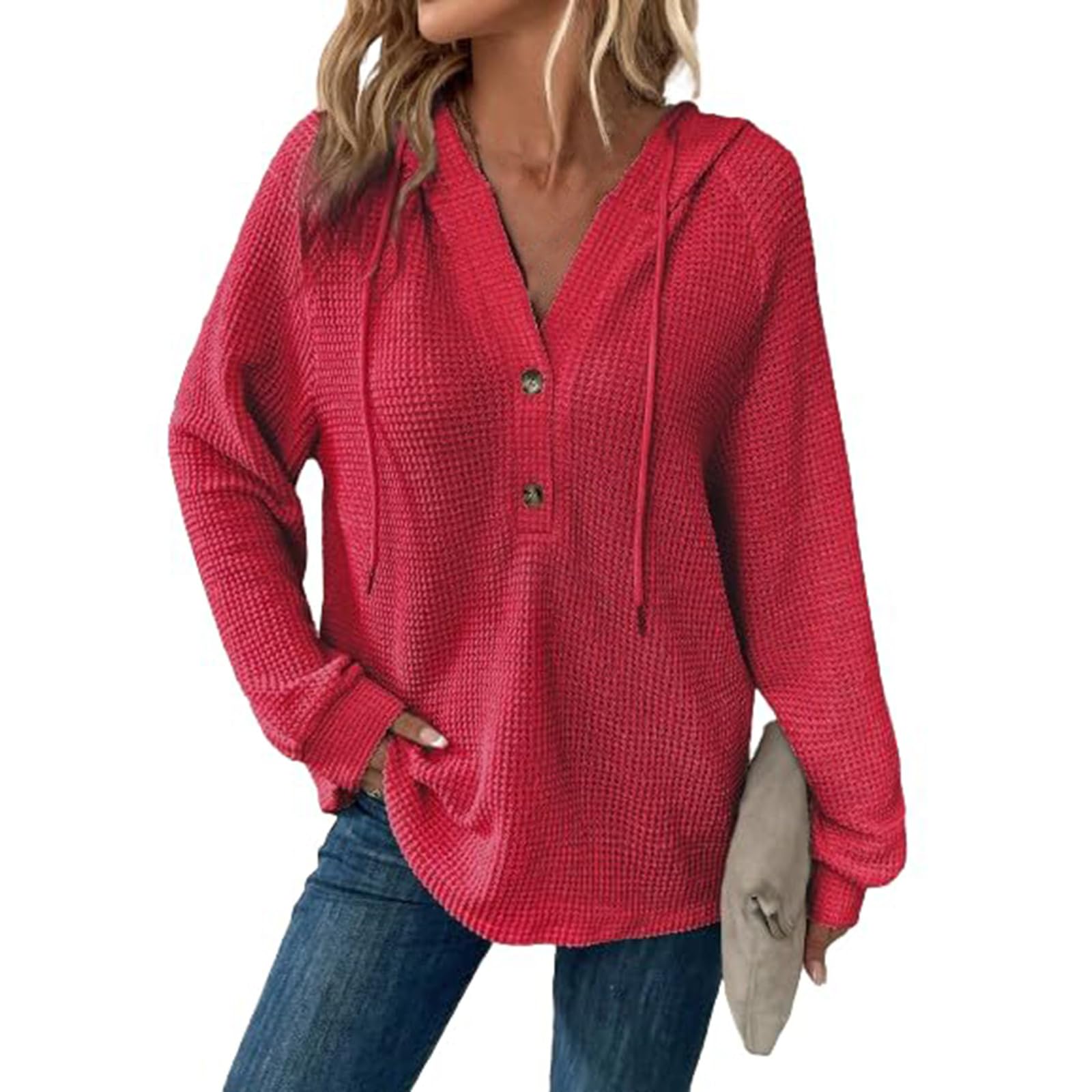 Women's Waffle Knit Hoodie - Button V-Neck Long Sleeve Pullover Sweatshirt with Drawstring | Casual Hooded Tops for Fall & Winter | Perfect for Lounge Wear, Outdoor Activities and Layering