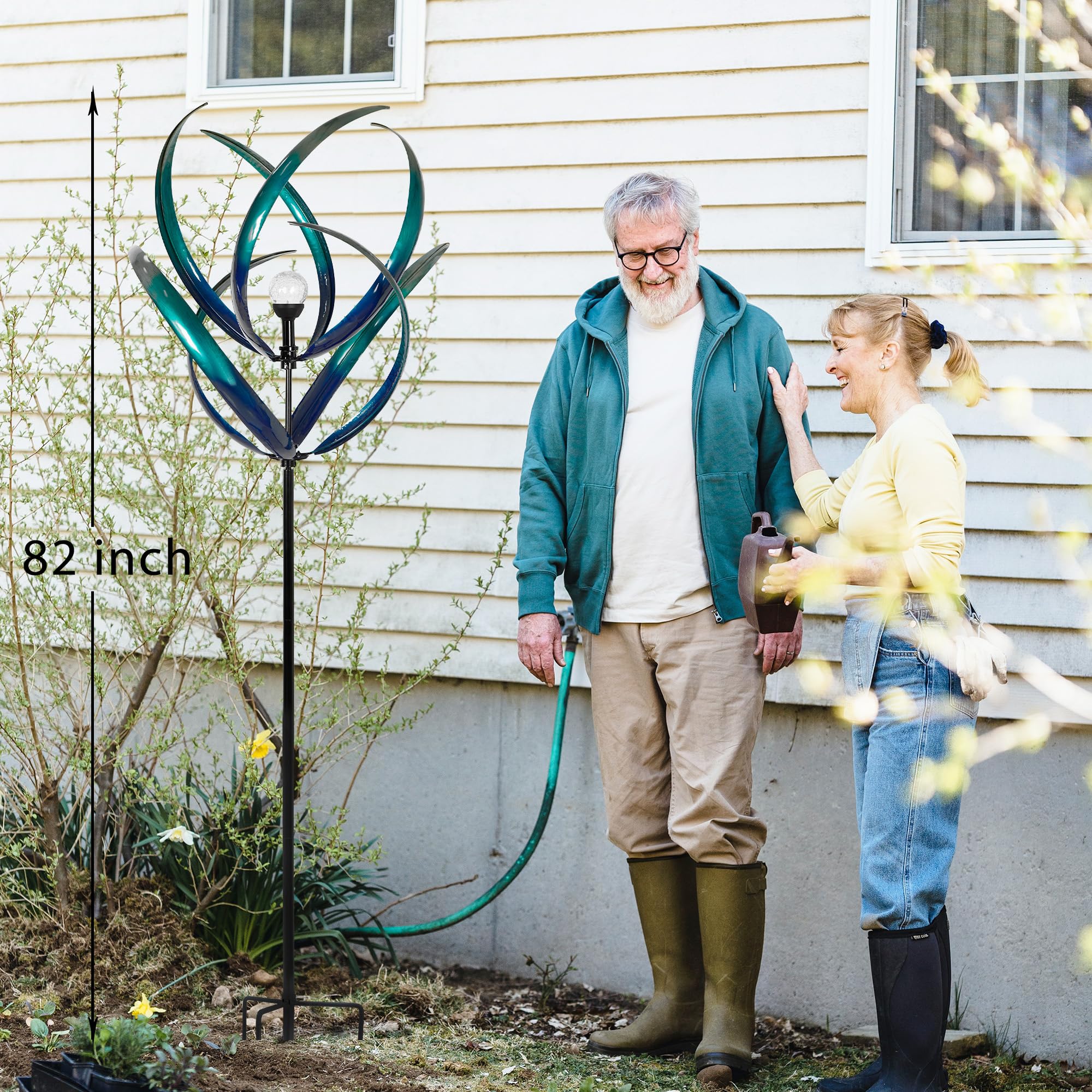 82'' Solar-Powered Metal Wind Spinner - Peacock Blue Outdoor Yard Art for Garden, Lawn & Patio Decor | Weather-Resistant Wind Sculpture with LED Lights | Unique Gift for Family & Friends | Perfect for Backyard, Front Yard & Outdoor Parties