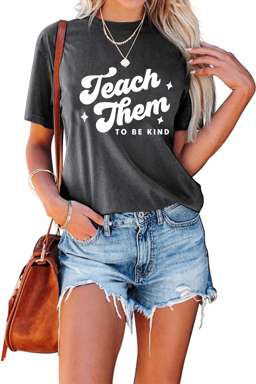 Women's Cute Teacher Shirt - Graphic Letter Print Tee - Funny Teaching Gift Idea - Short Sleeve T-Shirt for Educators - Perfect for Classroom, Teacher Appreciation & Casual Wear