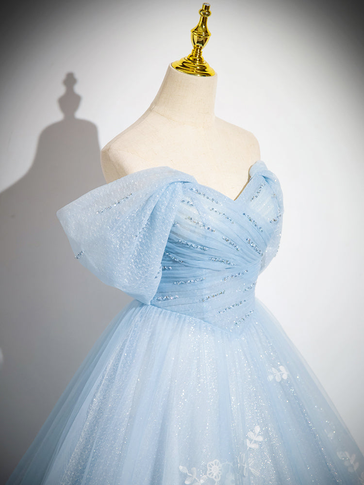 Elegant A-Line Tulle Lace Blue Long Prom Dress | Off-Shoulder Sweet 16 Formal Gown | Perfect for Homecoming, Quinceañera & Evening Parties