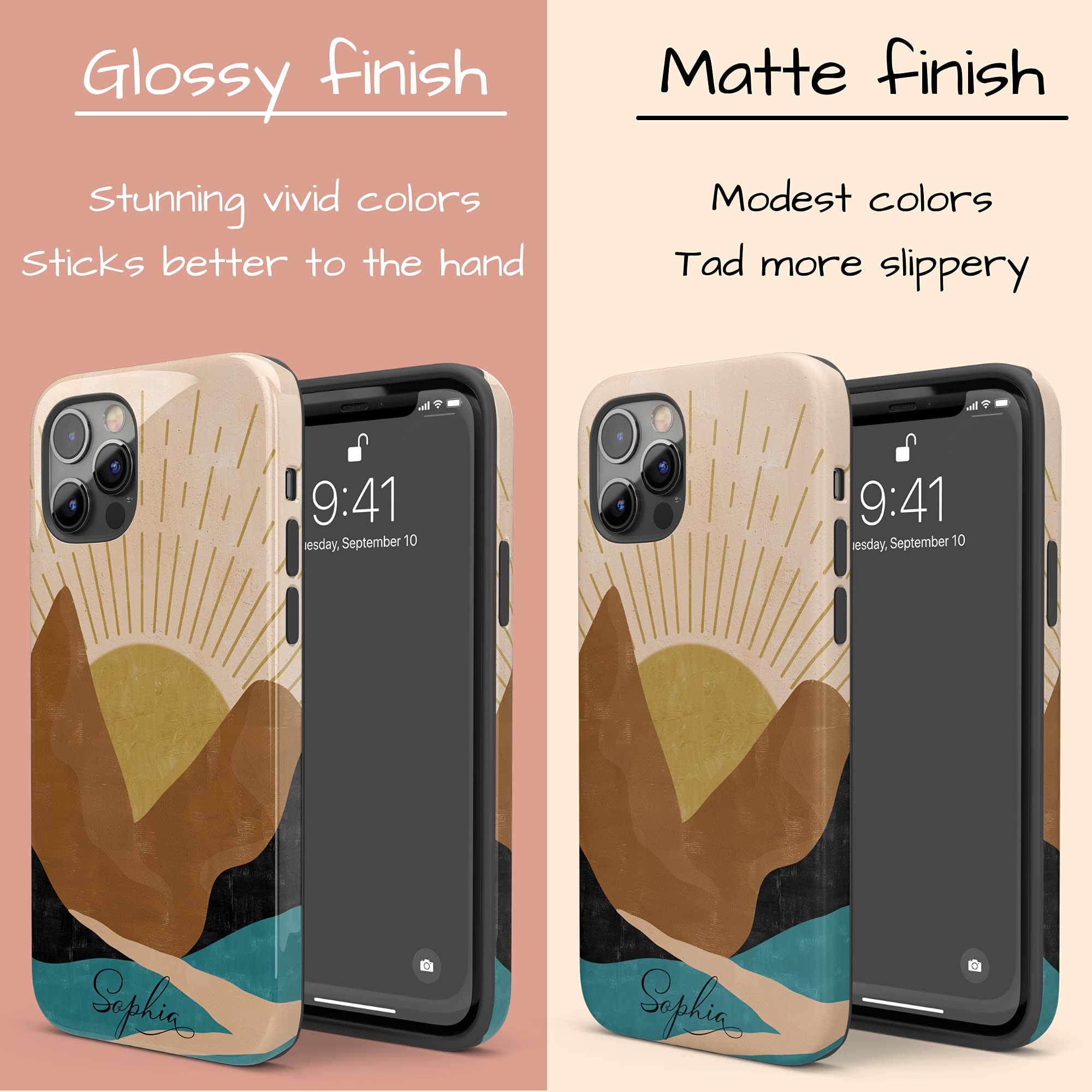 Custom Rising Sun Landscape iPhone Case - Personalized Name Phone Cover for iPhone 16 Plus/15 Pro Max/14/13 Mini/12/11/X/XS Max/XR/7/8 - Durable Orange Protective Case - Perfect for Outdoor Adventures & Daily Use