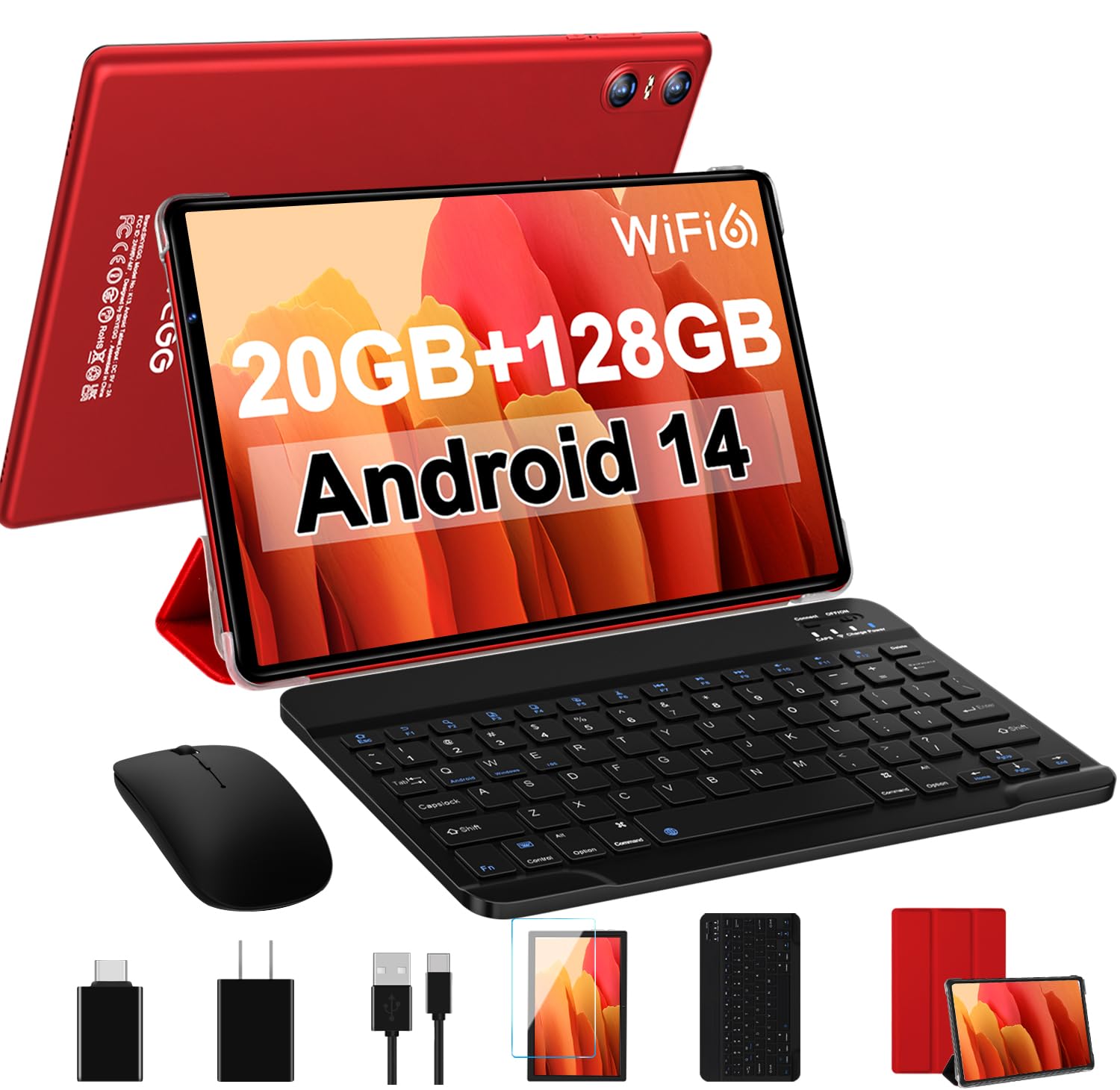 SKYEGG Android 14 Tablet 10.1 Inch - 20GB RAM 128GB ROM (1TB Expandable) | Octa-Core Processor, Dual Camera, WiFi 6, Bluetooth 5.0 | 6000mAh Battery with Keyboard & Mouse (Red) - Perfect for Work, Study & Entertainment