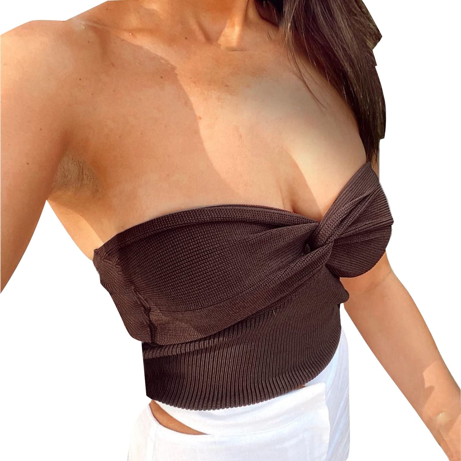 Y2K Sexy Women's Twist Knot Front Solid Knit Bandeau Tube Top - Strapless Sleeveless Slim Fit Crop Tank Bustier for Summer Beach, Party & Casual Outfits
