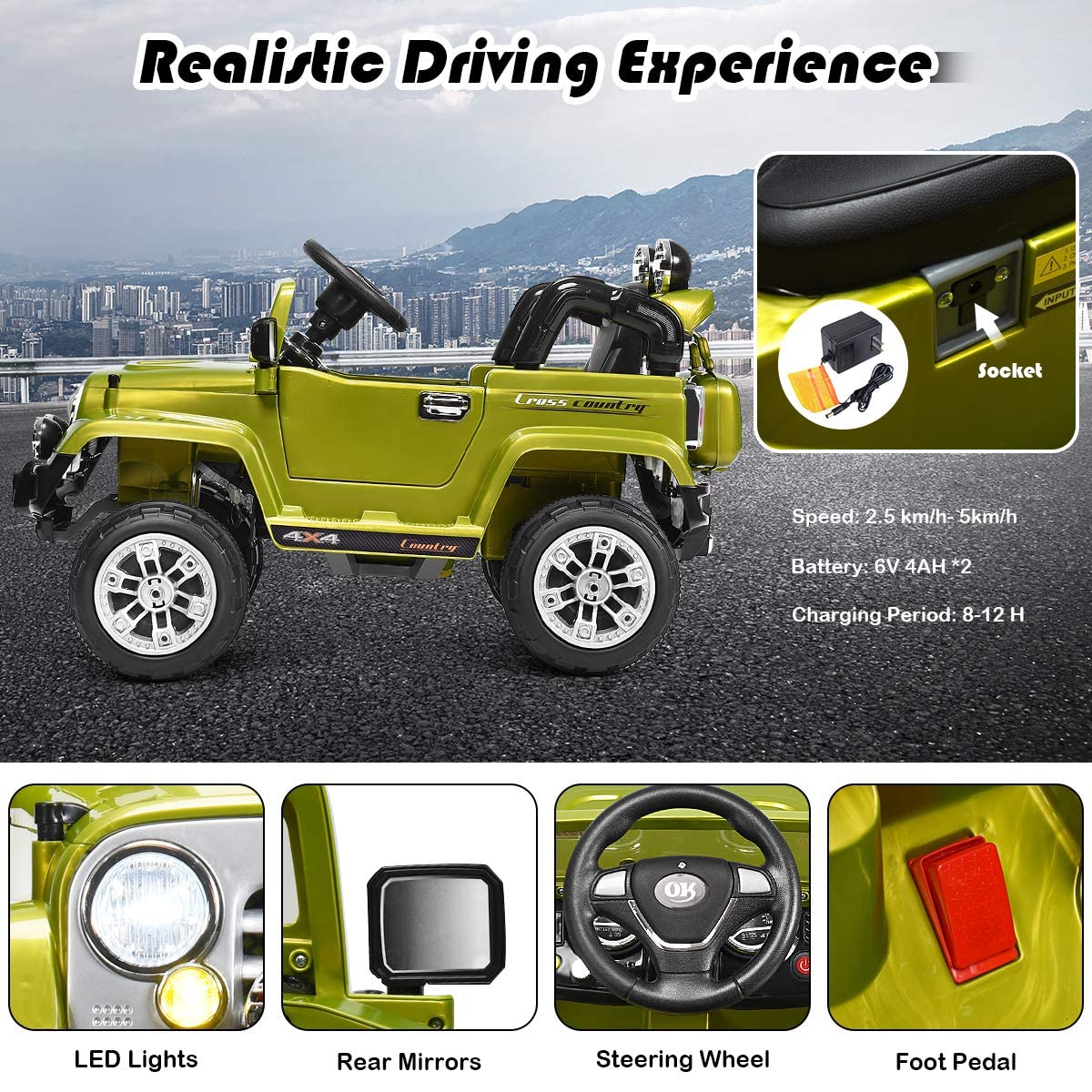 HONEY JOY 12V Battery Powered Ride On Truck for Kids - Remote Control Electric Car with MP3 Player, Music, Horn, LED Lights & Spring Suspension - Open Door Design for Boys & Girls (Green) - Perfect for Indoor Play, Outdoor Adventures & Birthday Gifts