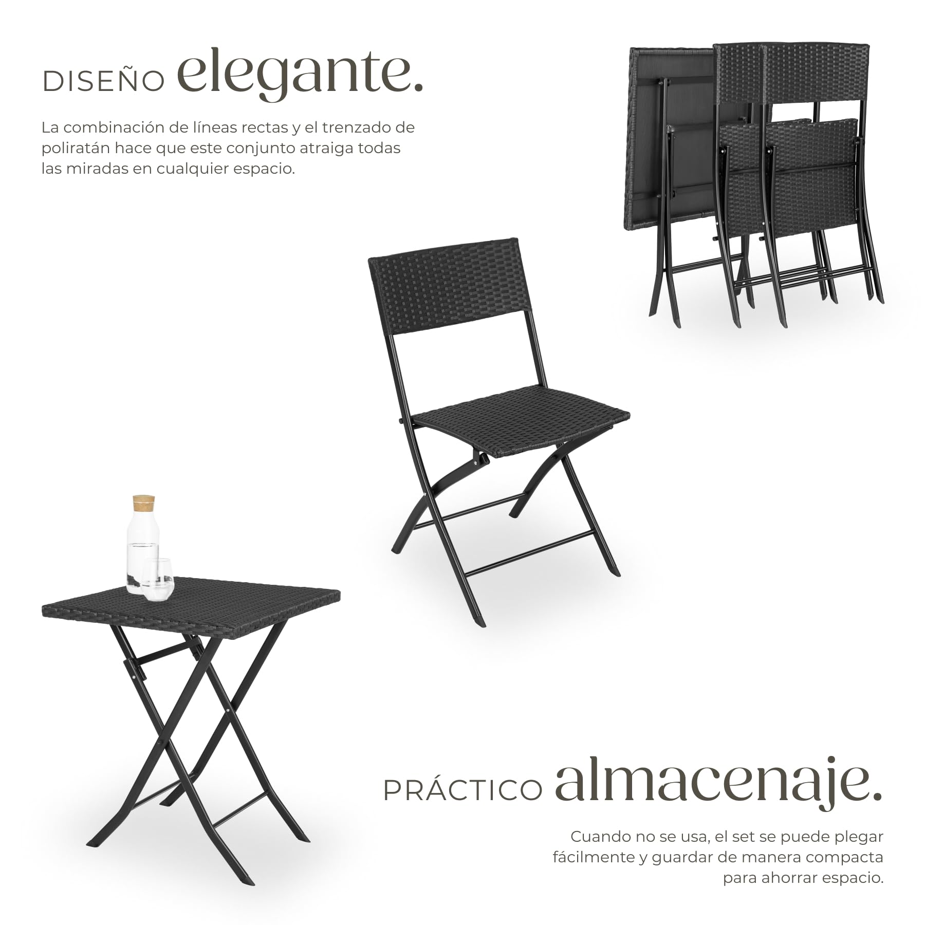 TecTake® 2-Person Outdoor Rattan & Steel Garden Set - Weather-Resistant Patio Furniture with 2 Chairs & 1 Table, Plastic Stoppers, Foldable, Lightweight & Compact - Black - Perfect for Backyard, Balcony or Poolside Relaxation