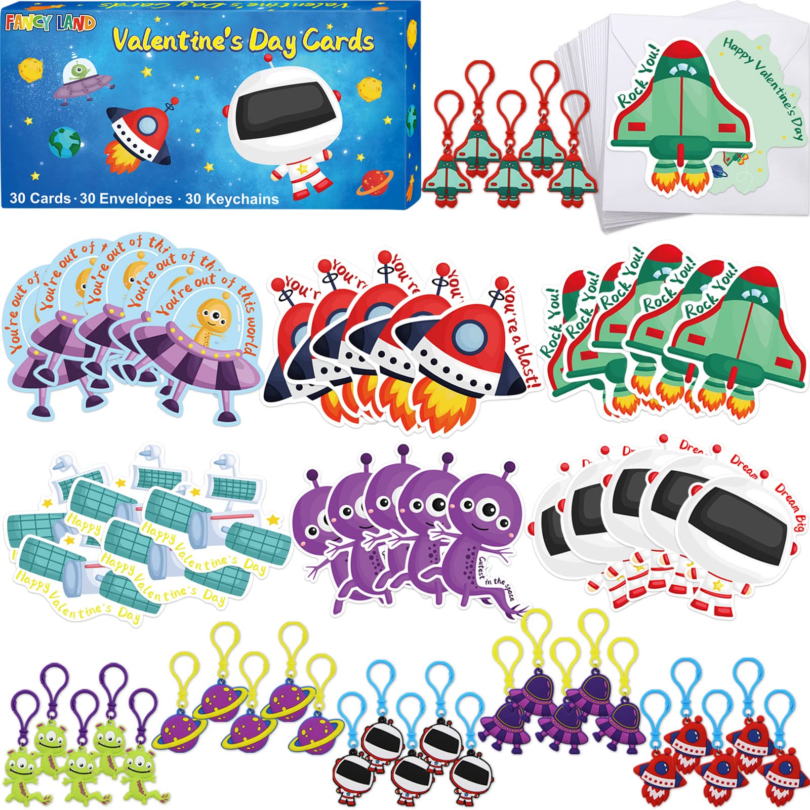 30 Pack Space Themed Valentines Day Cards for Kids - Classroom Exchange Gifts with Keychains - Perfect for Boys, Girls, School Parties & Valentine's Day Celebrations