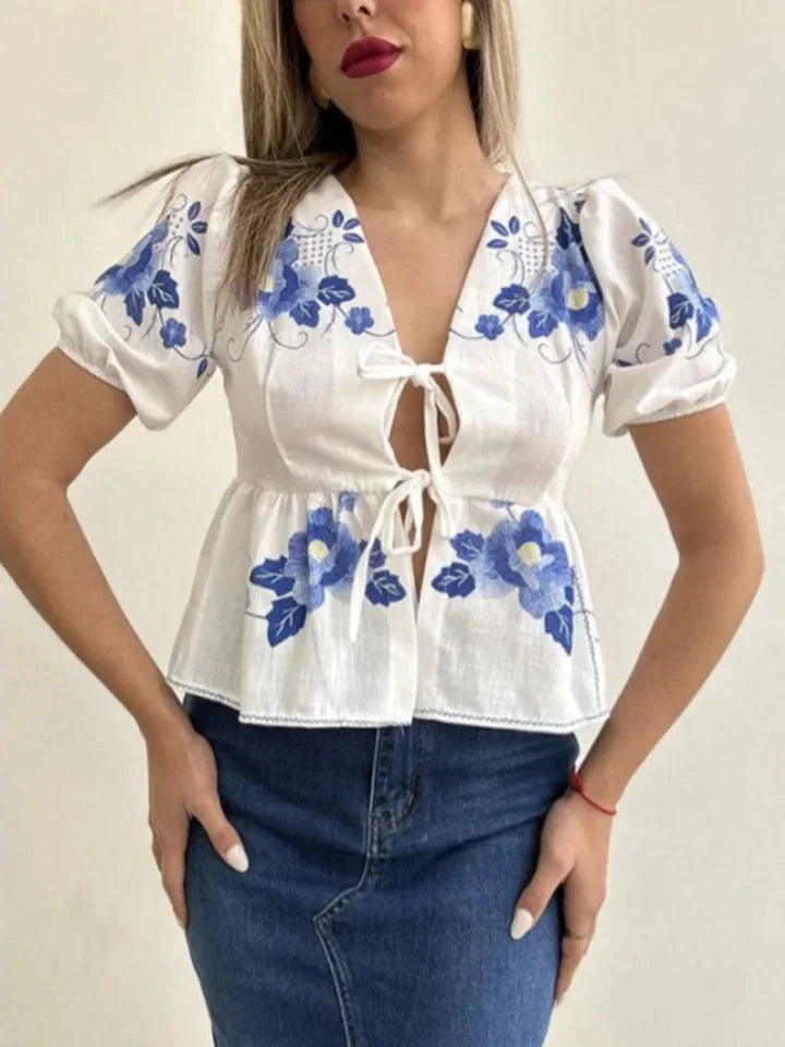 Women's Fashion Print Bow Lace-Up Blouse - Loose V-Neck Short Puff Sleeve Top for Spring & Summer | Casual Floral Shirt for Ladies | Perfect for Office Wear, Date Nights & Weekend Outings