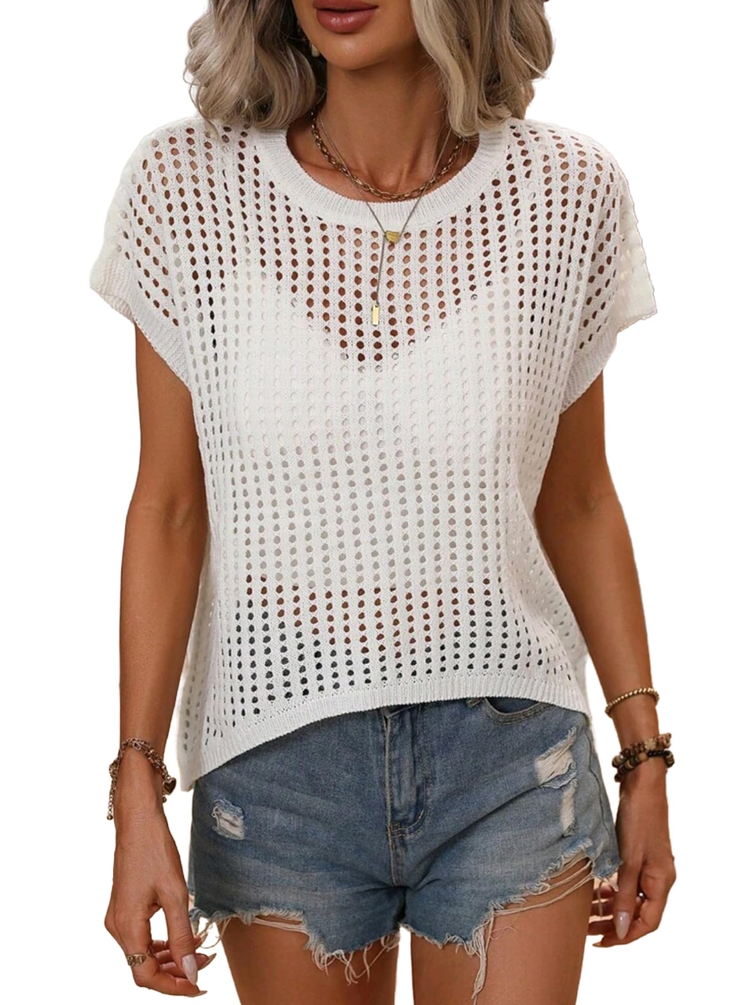 Women's Crochet Summer Tops - Lightweight Hollow Capsleeve Crop Sweater Tank Top Pullover | Beach Cover-Up, Boho Festival Outfit, Casual Daywear