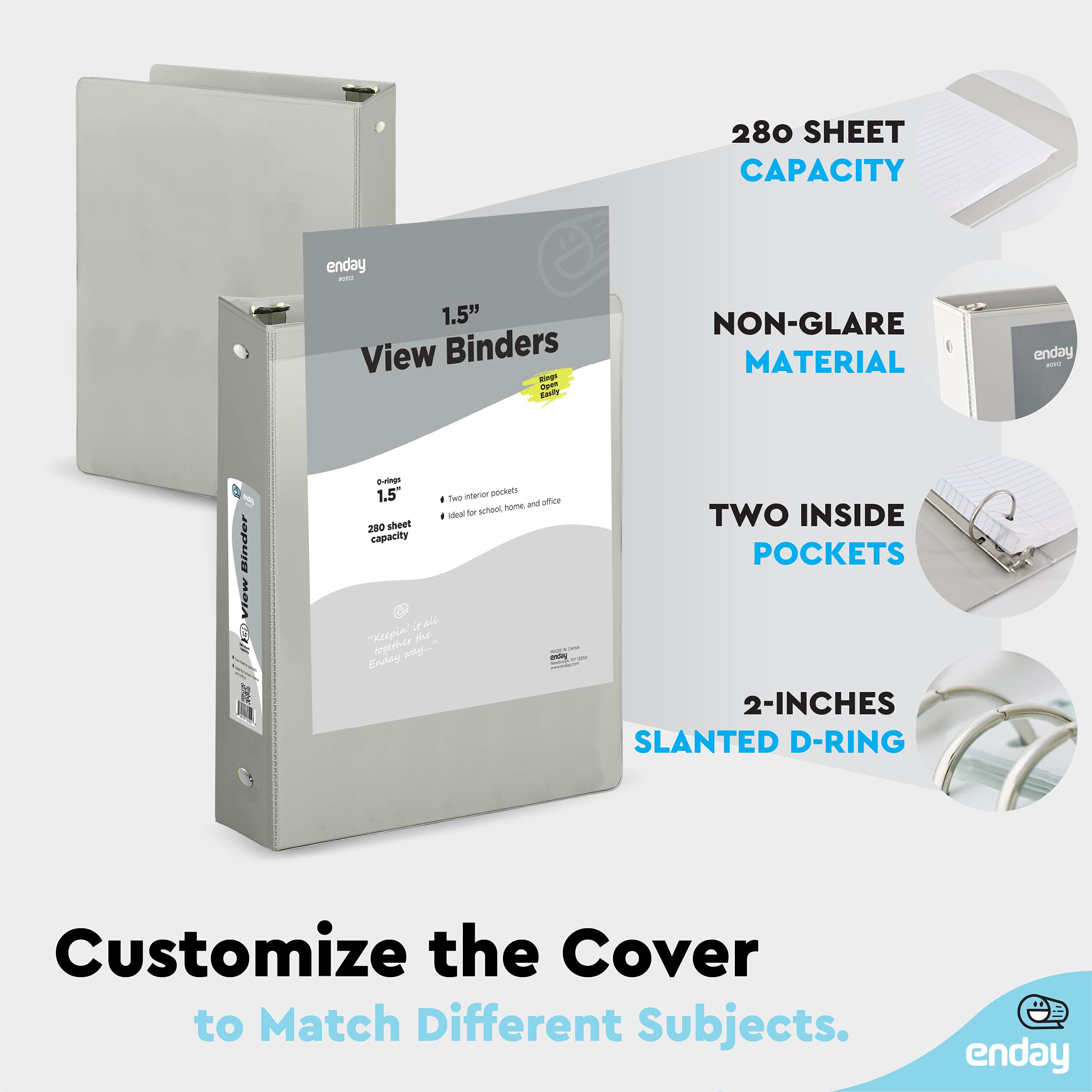 Enday 1.5 Inch Grey 3-Ring Binder with Clear View Cover & 2 Inside Pockets - Durable School & Office Supplies for Organizing Documents, Homework, Presentations - Perfect for Students, Teachers & Professionals