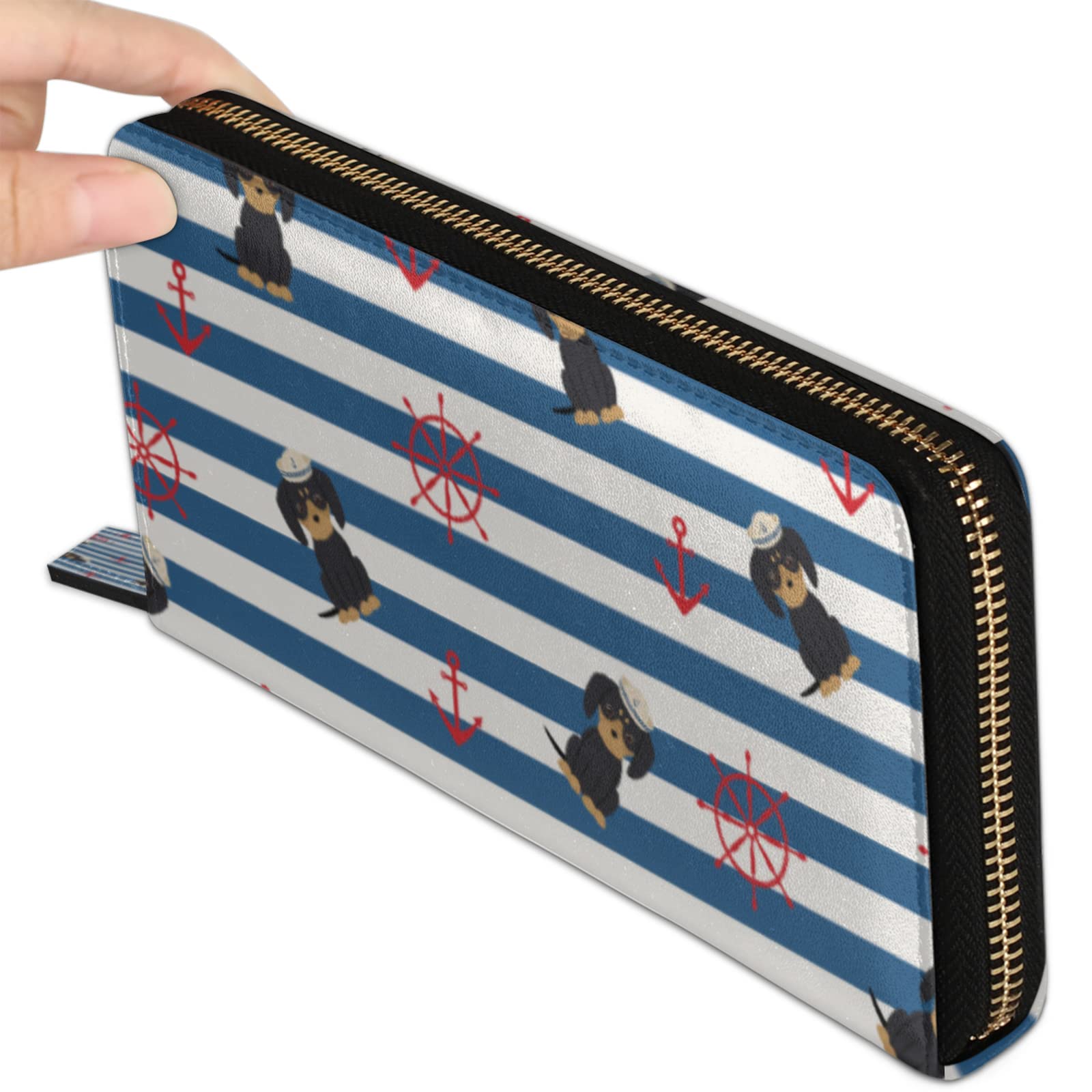 Stylish Women's Leather Wallet with Puppy & Nautical Prints - Large Credit Card Holder, Coin Purse & Zippered Phone Clutch | Slim RFID Blocking Bifold Wallet for Everyday Use, Travel & Gift Giving
