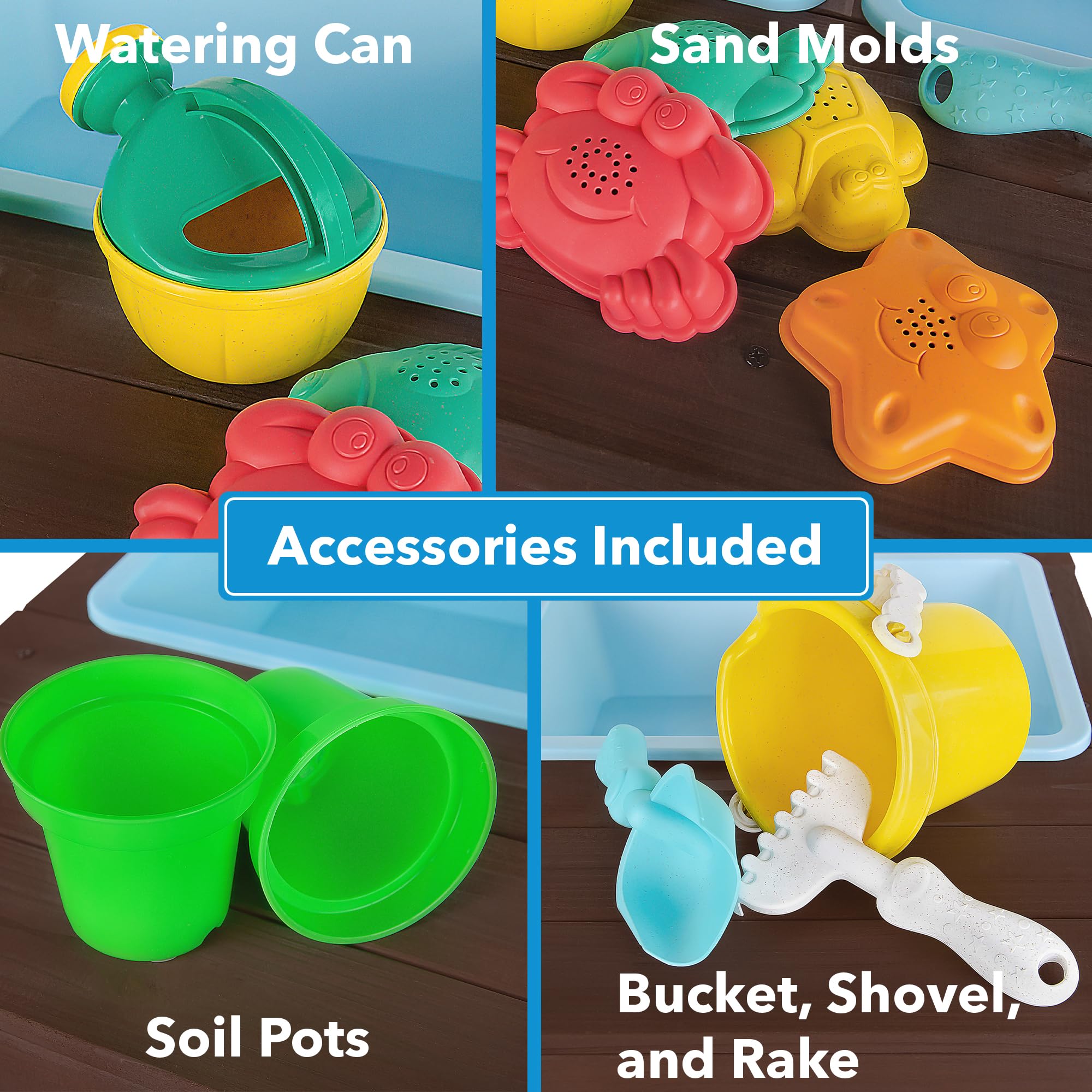 WONKAWOO Wooden Sand and Water Table for Toddlers - Outdoor Sensory Play Table with 2 Plastic Bins, Built-in Water Tap & Beach Toys - Sand & Splash Oasis™ Standing Activity Table - Perfect for Backyard, Beach, and Preschool Playtime