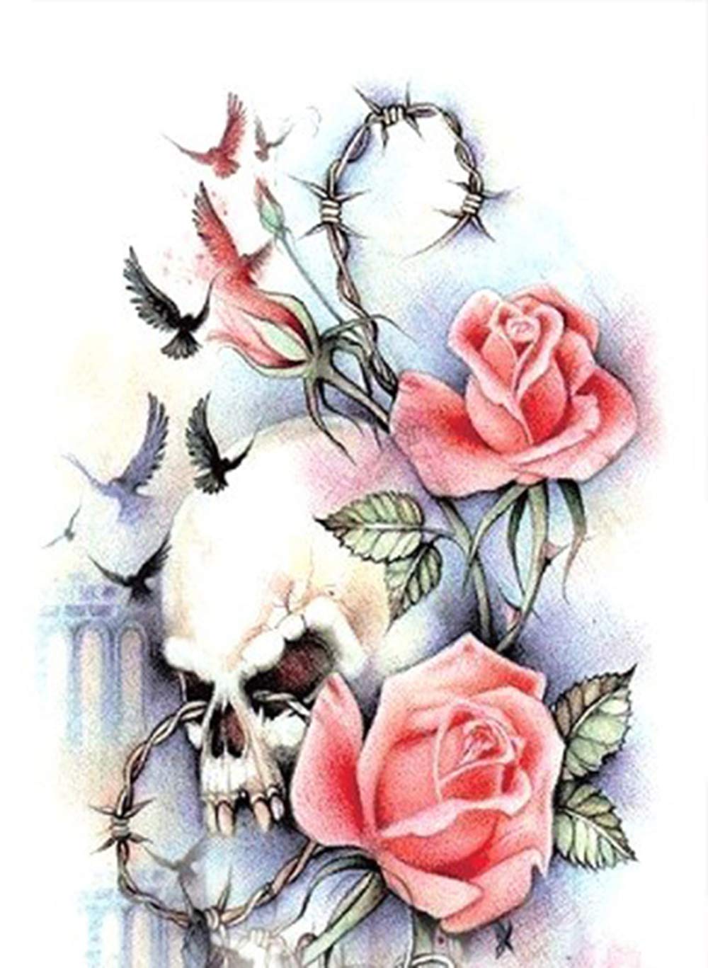 3D Skull Cross Pink Rose Flower Temporary Tattoo Sticker - 21x15cm Waterproof Fake Tattoo for Women, Men & Teens - Gothic Style Body Art for Parties, Halloween & Cosplay (Black, 1 Piece)
