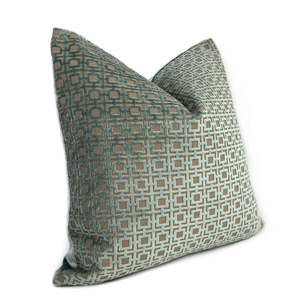 Quattro Mineral Blue Green Geometric Square Lattice Cut Velvet Pillow Cover - Luxury Decorative Throw Pillow Case for Sofa, Bed & Home Decor