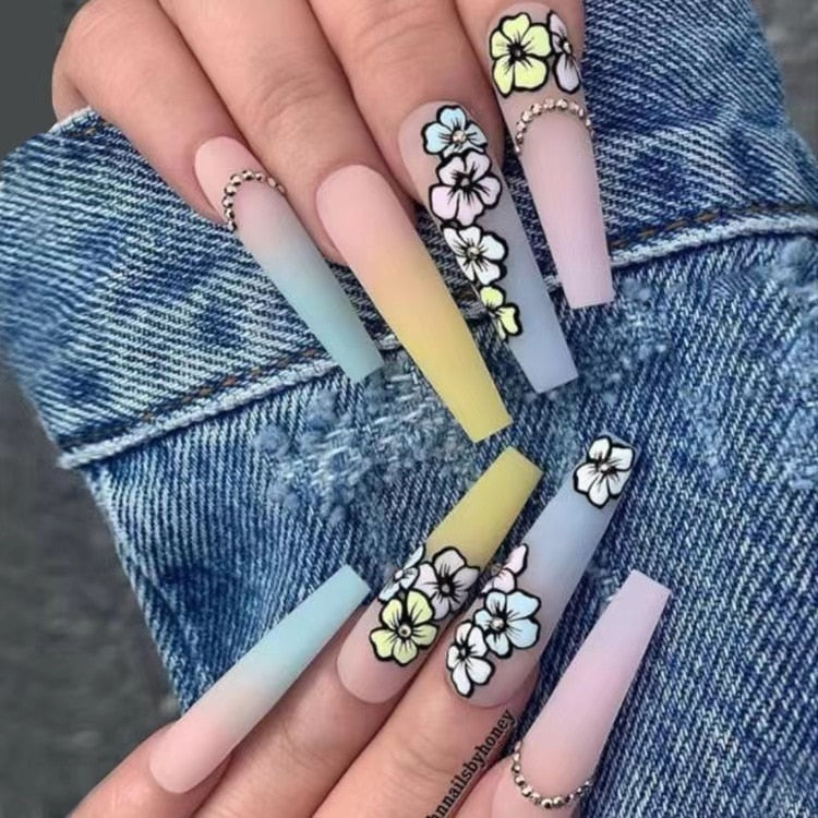 24Pcs Extra Long Ballet False Nails with Rhinestone - Acrylic Square Press on Nails with Heart Designs for Women | Perfect for Parties, Weddings, and Special Occasions