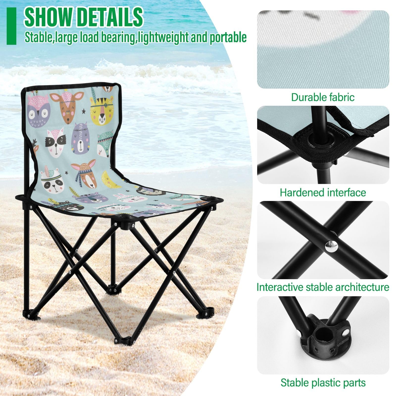 Portable Camping Folding Chairs - Lightweight Foldable Outdoor Chairs for Backpacking, Fishing & Picnics | Compact Boho Style with Tribal Animal Print | Perfect for Beach, Camping & Backyard Relaxation