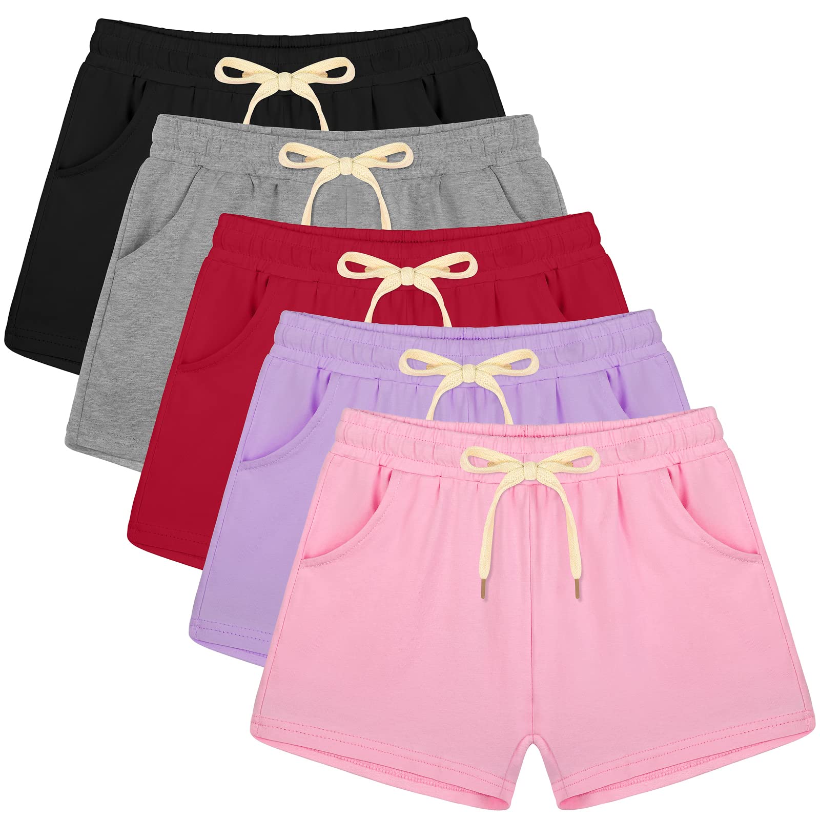 Poroka 5 Pack Girls Athletic Shorts - Breathable Performance Running Shorts for Kids with Drawstring Waist - Perfect for Summer Sports, Yoga, Gym & Outdoor Activities