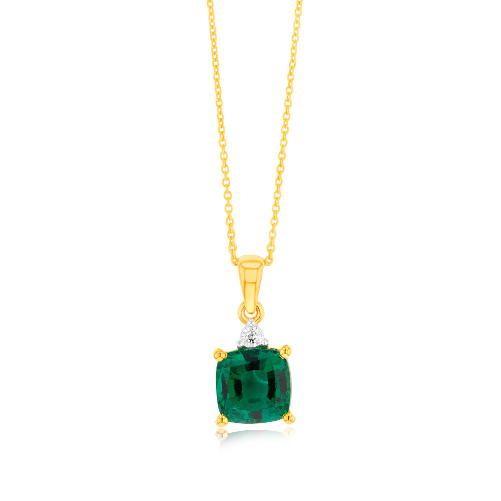 9ct Yellow Gold 1/3ct Created Emerald and Diamond Pendant Necklace with 45cm Chain - Elegant Jewelry Gift for Women, Perfect for Weddings, Anniversaries & Special Occasions