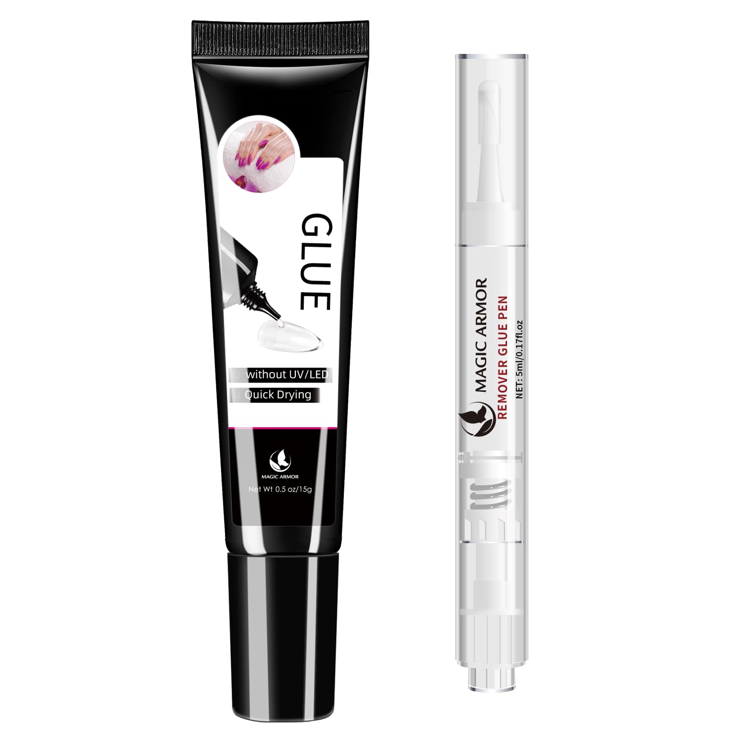 15g Semi-Solid Nail Glue Gel with 5ml Remover Pen - No UV Light Needed, Long-Lasting Press On Nails Super Glue - Easy Click Removal 3-in-1 Nail Glue Remover Kit for Home & Salon Manicures