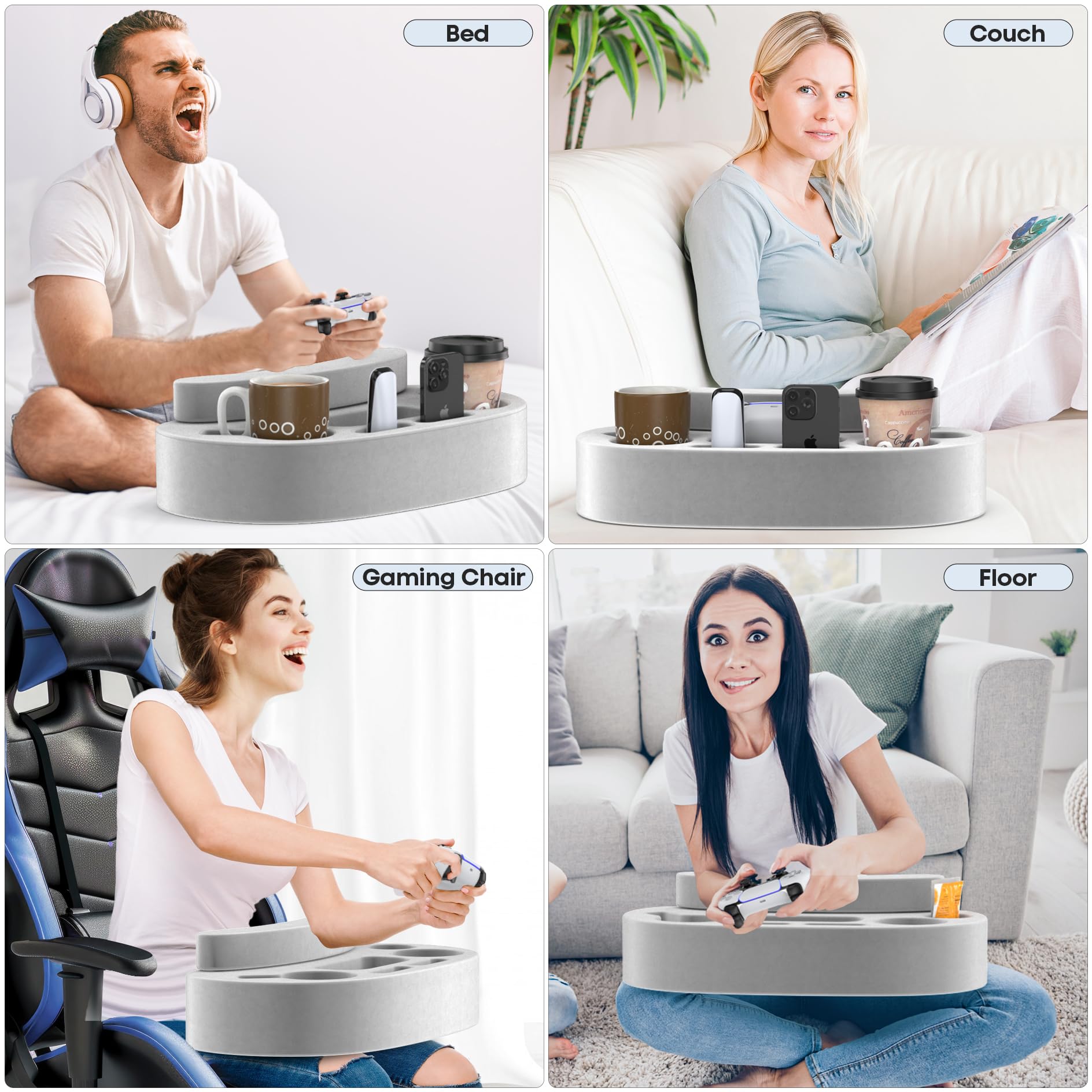 **6-Slot Couch Cup Holder Pillow Tray with Armrest Cushion - Multi-Functional Gaming Caddy for Drinks, Controller, Remote & Phone - Perfect for Gaming, Movie Nights & Relaxing on the Couch**