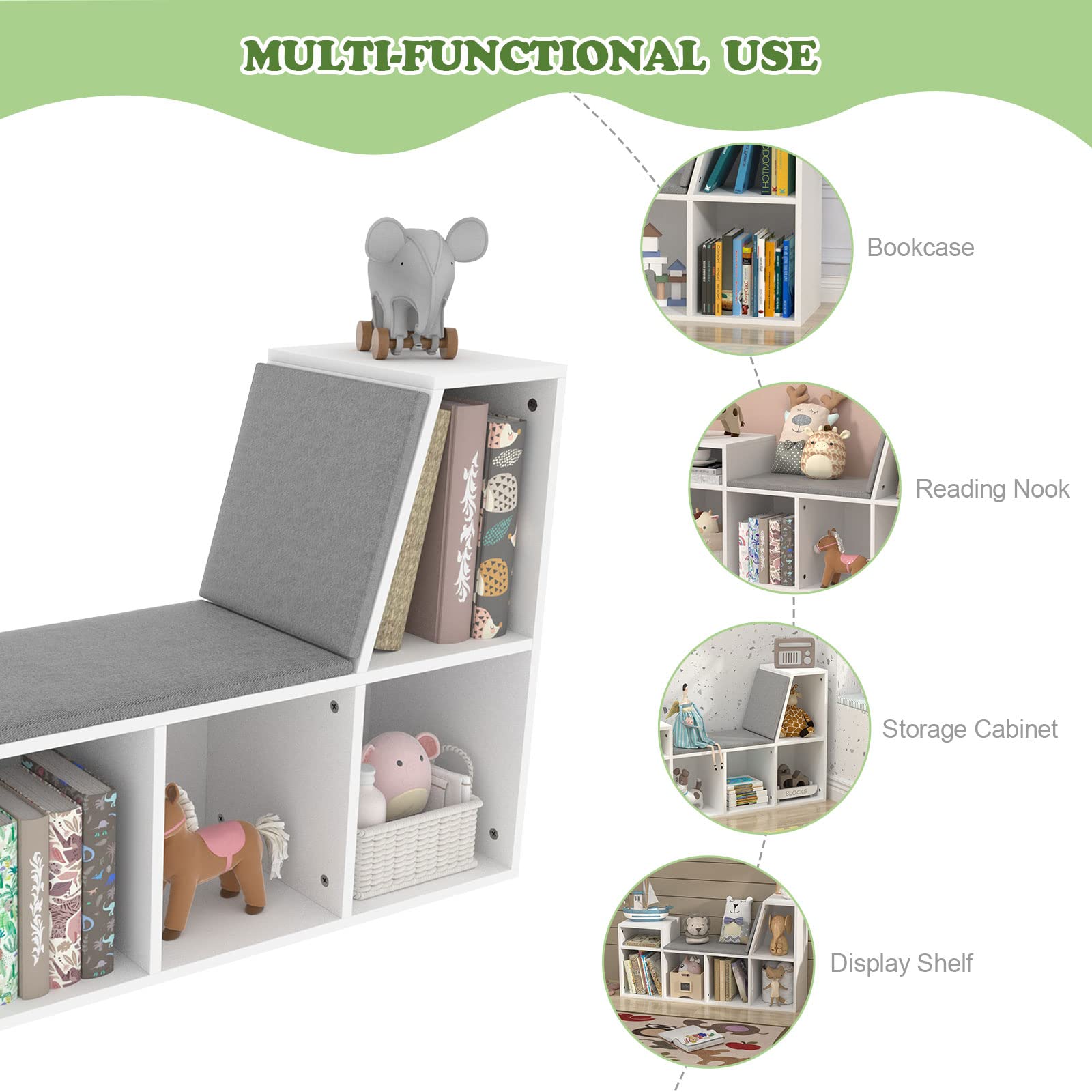 Kids Reading Nook with Storage - 6-Cubby Wooden Bookshelf & Bench Seat Organizer for Toddlers & Children - Perfect for Bedrooms, Classrooms & Playrooms (White)