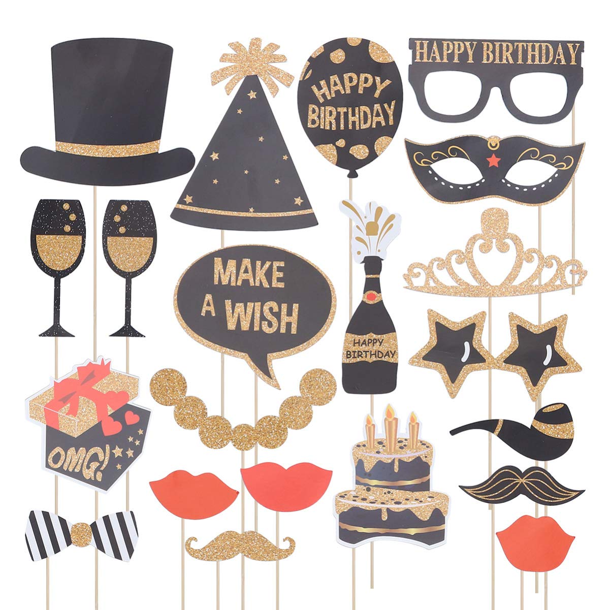 21pcs Happy Birthday Party Photo Booth Props Set - Funny Moustache Glasses for Kids Adults Men Women - Perfect for Birthday Celebrations, Proms & Photo Booths