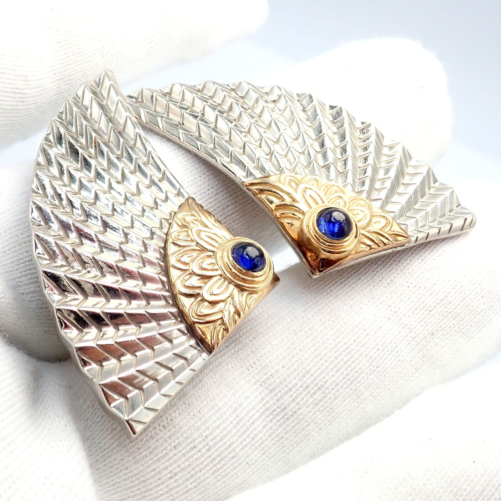 Exquisite Erte CFA 14k Yellow Gold & Silver Nile Large Fan Sapphire Earrings - Vintage Luxury Jewelry for Women - Perfect for Evening Gala, Wedding & Special Occasions