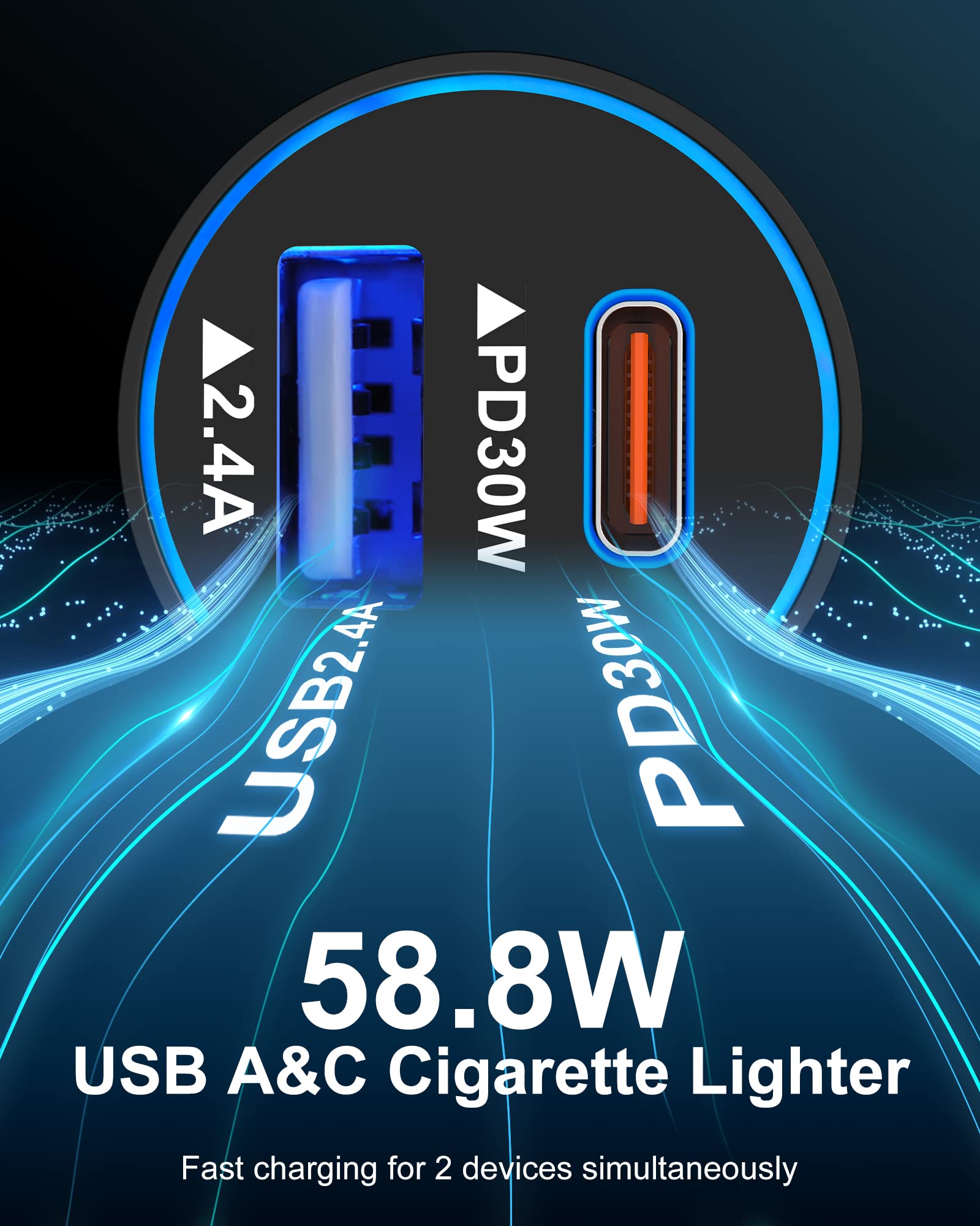 58.8W USB C Car Charger with Cigarette Lighter - Fast Charging Power Adapter for iPhone 15, Samsung Galaxy, Android Phones | 12V Outlet Plug for Travel & Automobile | Perfect for Road Trips, Commuting & Emergency Charging