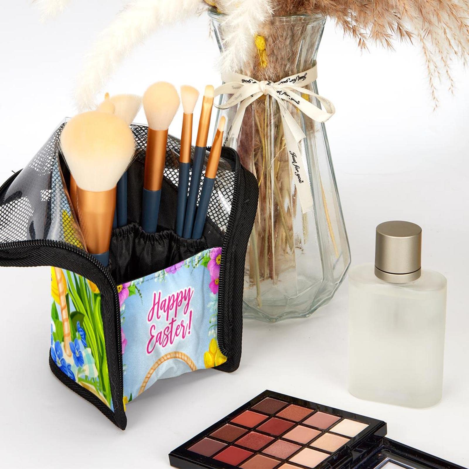 12-Piece Makeup Brush Organizer Bag with Easter Floral Design - Portable Cosmetic Brush Holder Case for Travel, Home & Professional Makeup Storage