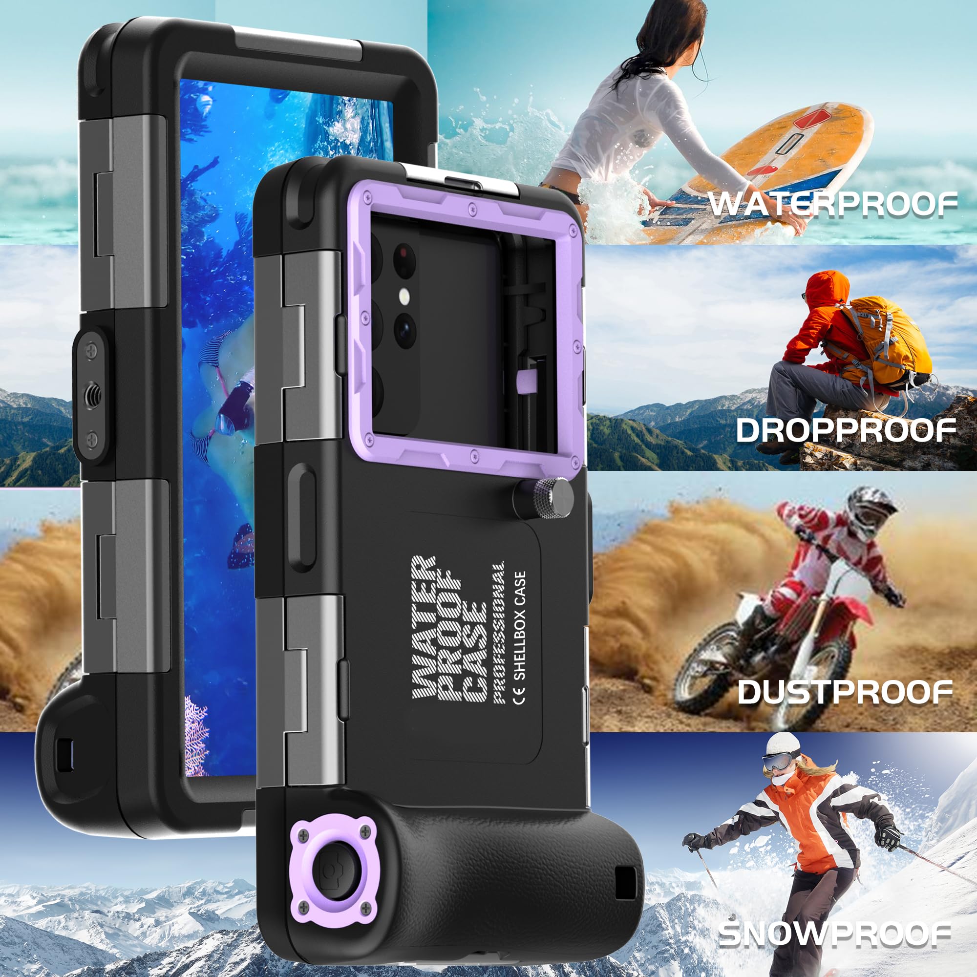 **Universal Waterproof Phone Case for Diving & Snorkeling - Underwater iPhone 16/15/14/13/12/11/Pro Max & Samsung Galaxy S24/S23/S21/Ultra - Purple with Lanyard - Perfect for Scuba, Swimming & Capturing Photos/Videos**