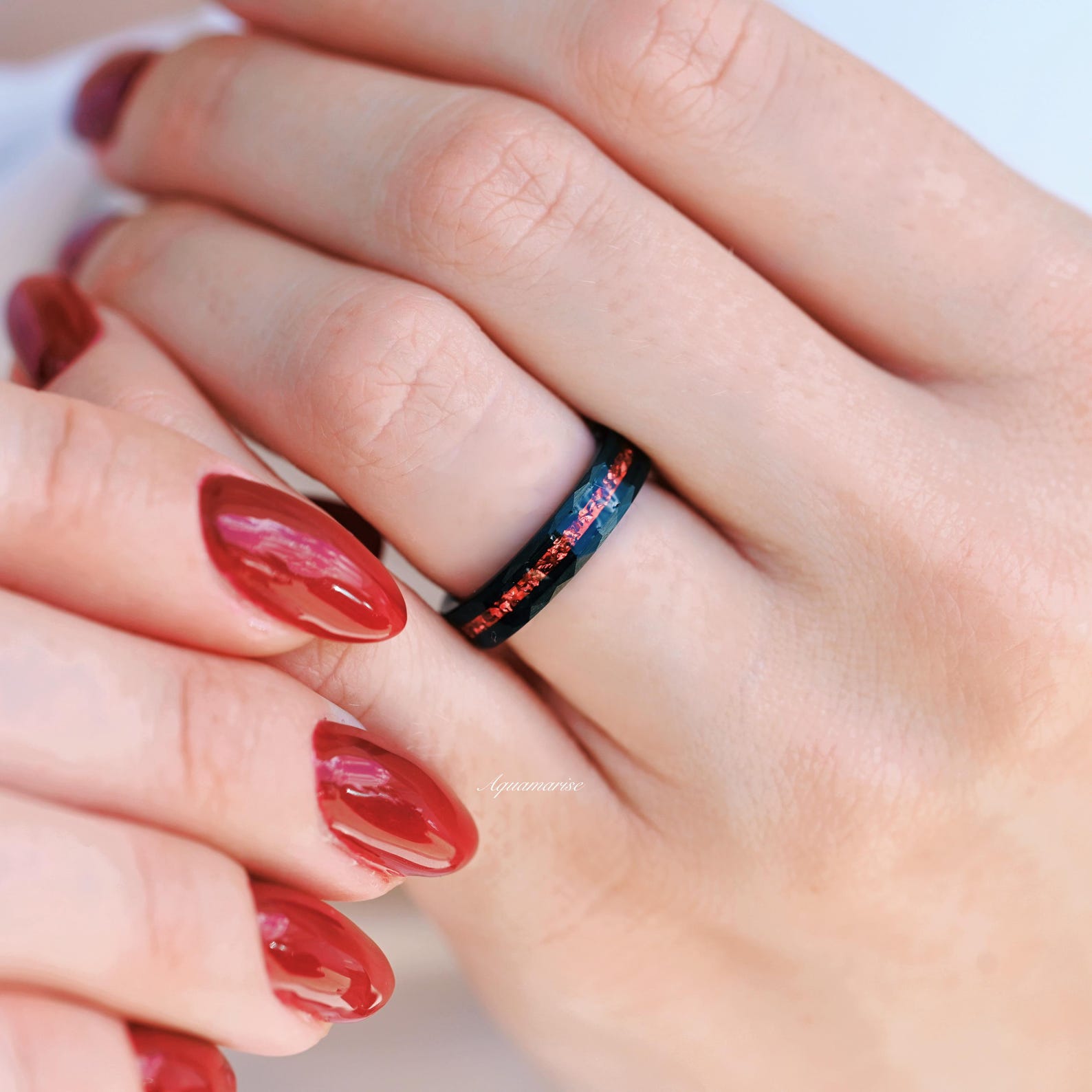 4MM Black Tungsten Wedding Band with Crushed Red Garnet - Durable & Elegant Ring for Men, Perfect for Engagement, Anniversary, and Special Occasions