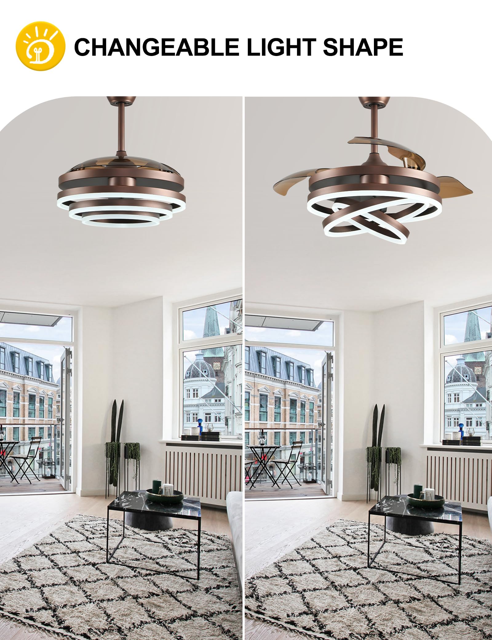 42 Inch Retractable Ceiling Fan with Remote Control - Modern DC Motor Silent Ceiling Fan with Adjustable LED Color Lighting, 6 Speed Settings & Retractable Blades (Brown) - Perfect for Living Room, Bedroom and Office Spaces
