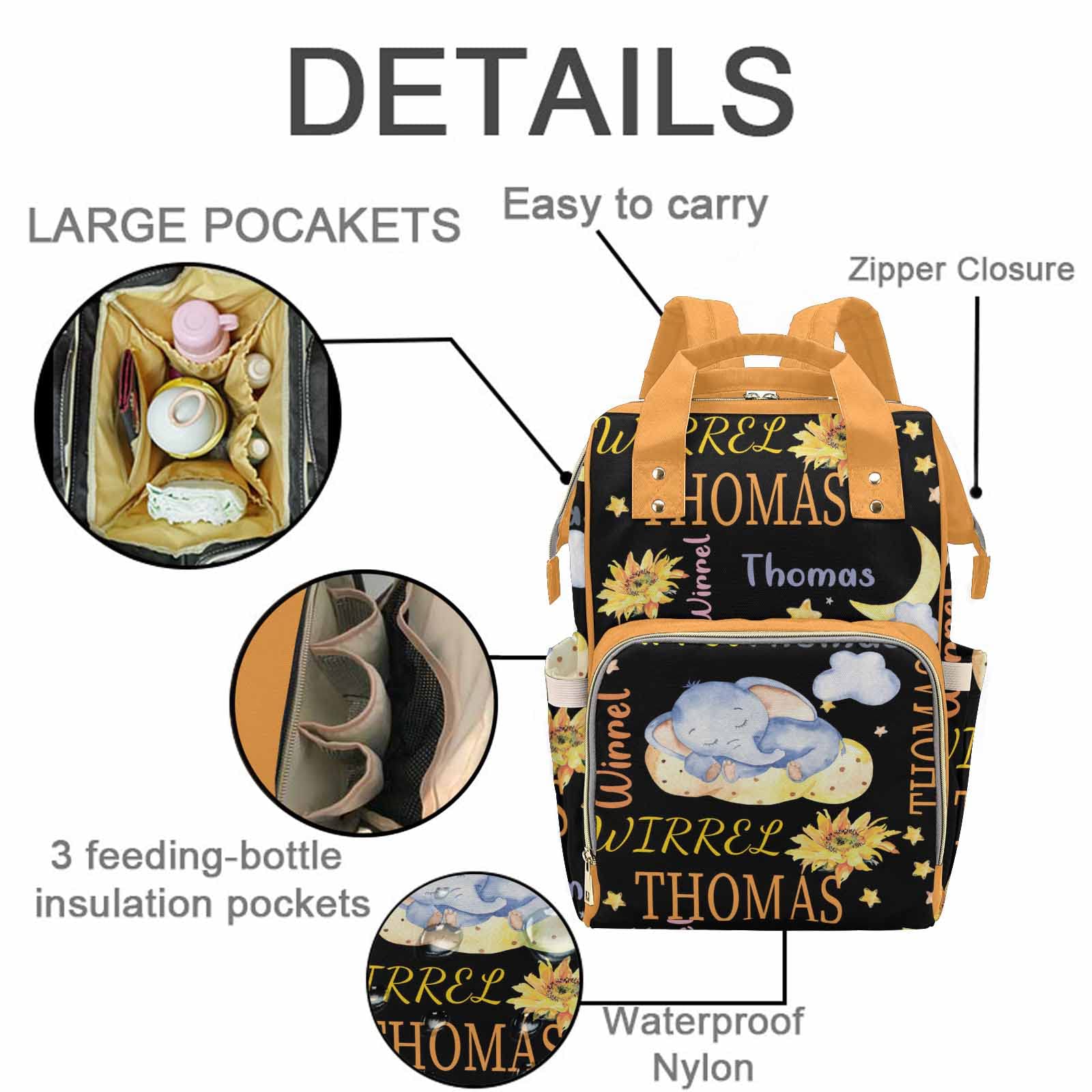Personalized Diaper Backpack for Baby Girls & Boys - Custom Name Sunflower Elephant Design, Large Waterproof Nursing Organizer for Moms - Perfect Baby Shower Gift & Travel Daypack for New Parents