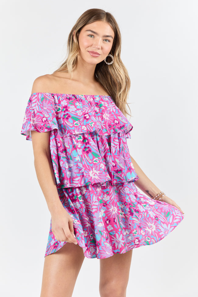 Pink Floral Printed Off-The-Shoulder Mini Dress - Women's Summer Party Cocktail Dress for Beach Vacation & Date Night