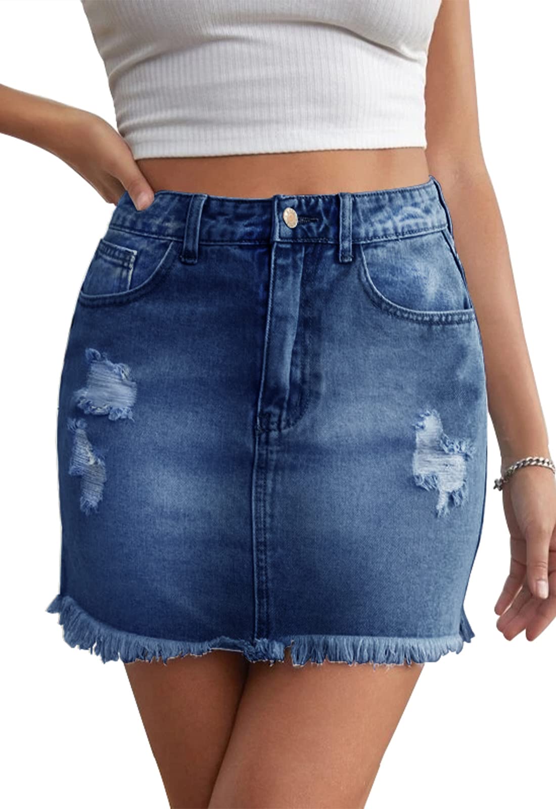 Women's High Waist Stretchy Denim Mini Skirt - Bodycon Washed Jean Skirt with Frayed Hem & Pockets | Casual Outfit for Party, Dating & Streetwear Fashion