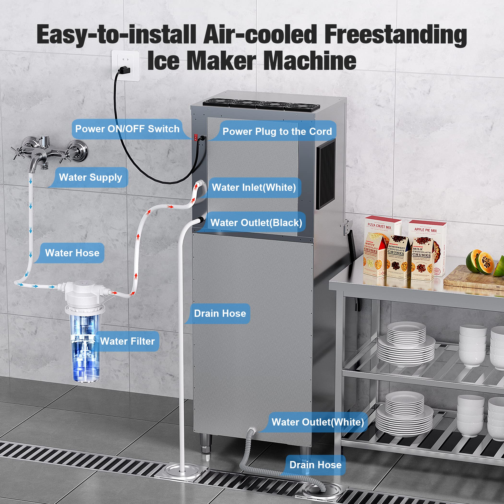 Commercial Ice Maker Machine 450LBS/24H - 22'' Wide Stainless Steel Ice Machine with 300LBS Storage Bin | Air Cooled Clear Ice Cube Maker for Restaurants, Bars, Cafes & Businesses | Perfect for Cocktails, Beverage Service & Food Preservation