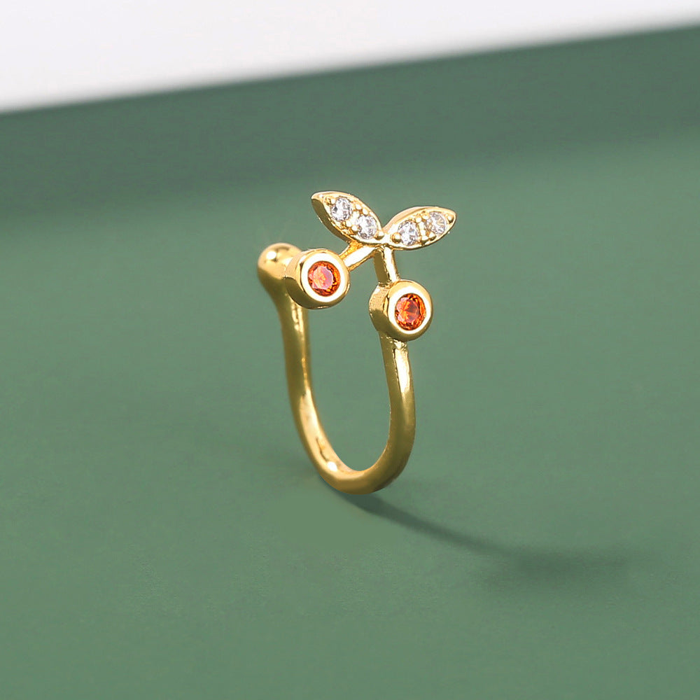 18K Rose Gold Cherry Fake Nose Ring - No Piercing Clip On Nose Stud - Perfect for Parties, Cosplay & Everyday Fashion Accessories