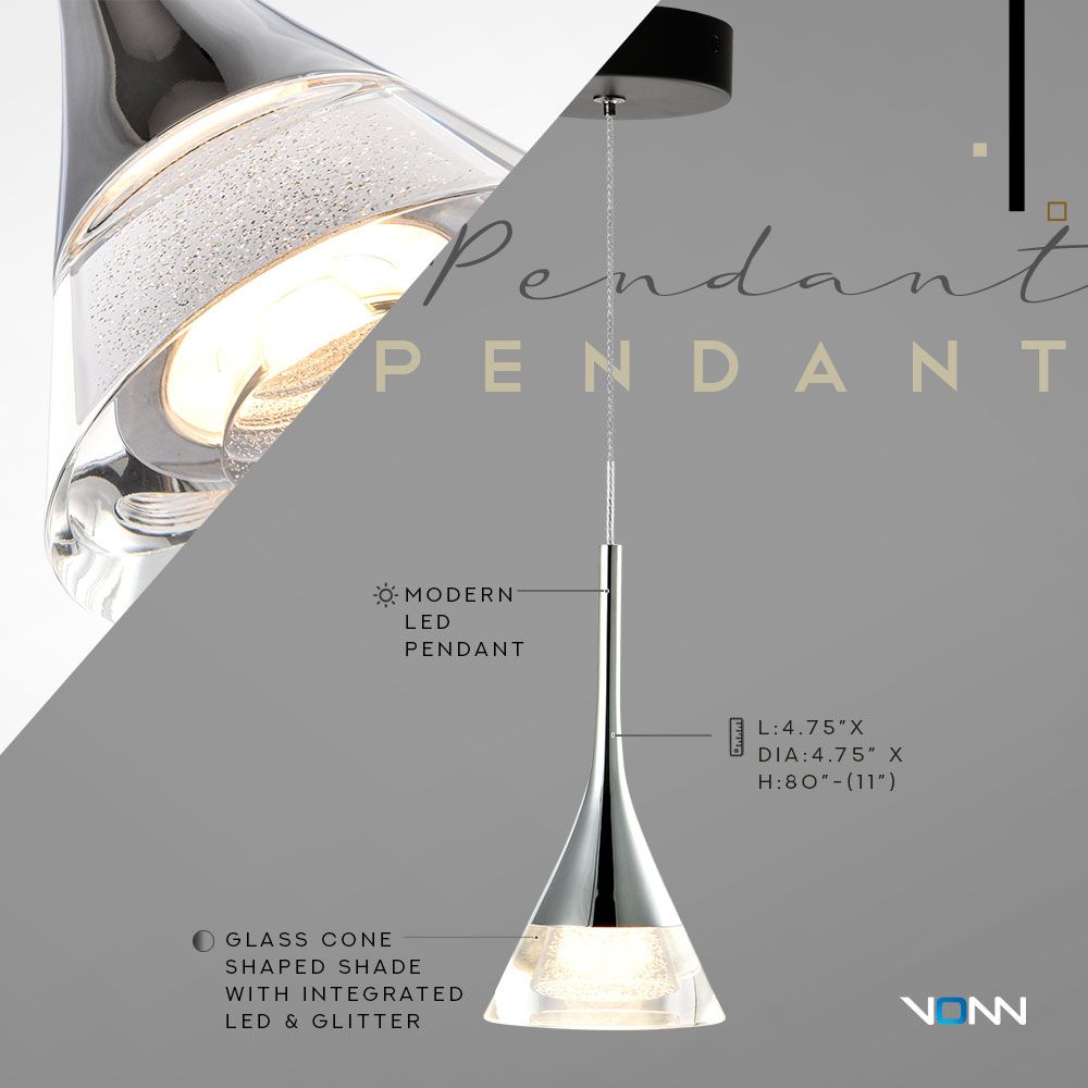 VONN Amalfi 4.75 Inch Black LED Pendant Light with Integrated Lighting - Perfect for Kitchen Island, Dining Room, and Modern Home Decor