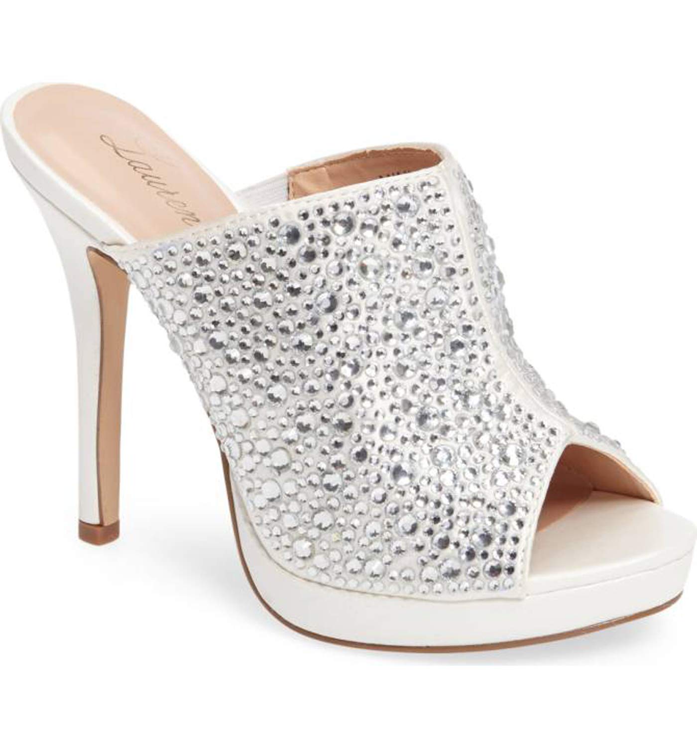 Lauren Lorraine Mimi White Rhinestone Wedding Bridal Mule Sandals - Elegant Crystal Embellished Heels for Bride, Bridesmaid & Formal Occasions