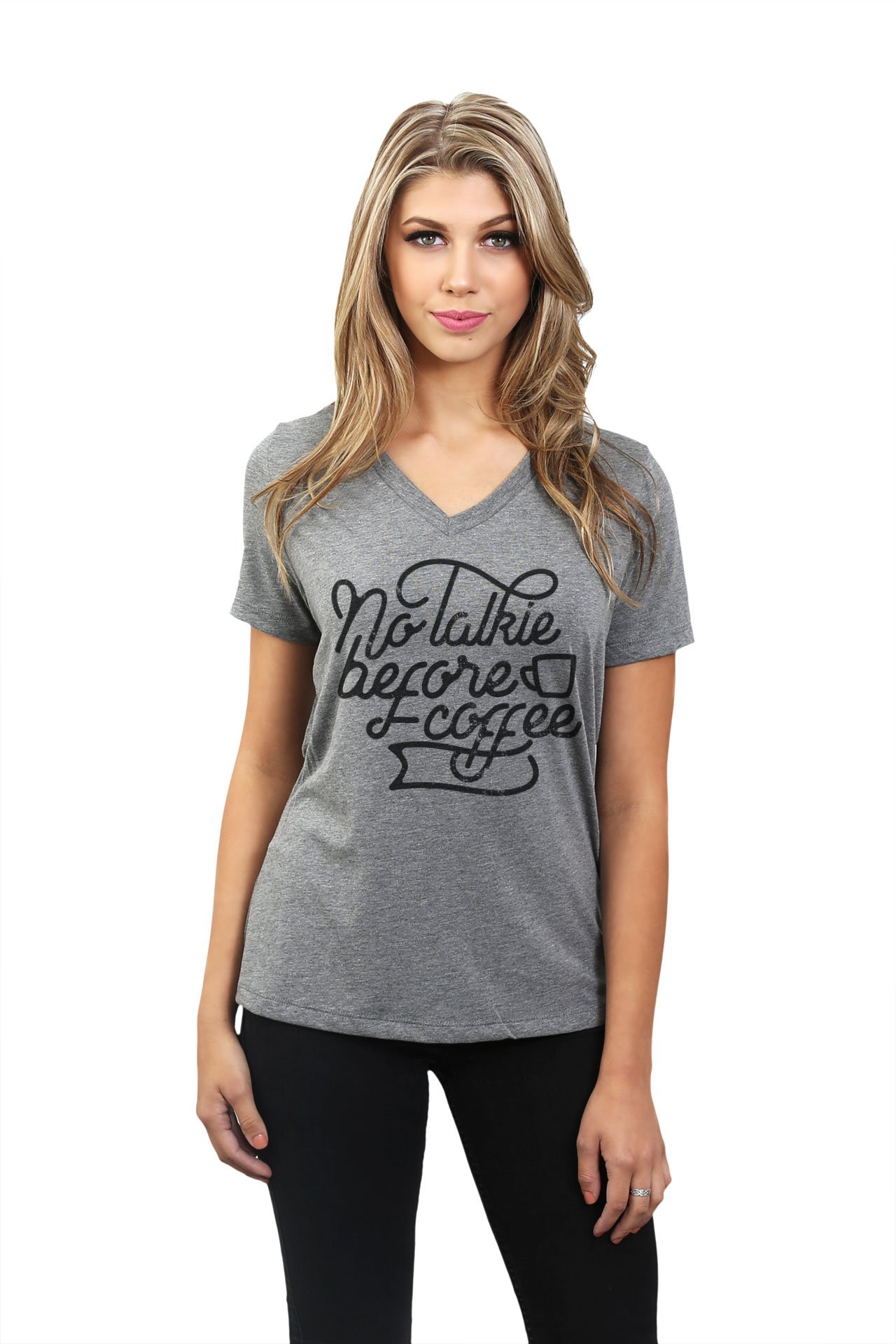 No Talkie Before Coffee Women's Relaxed V-Neck T-Shirt - Casual Comfort Tee for Coffee Lovers & Everyday Wear