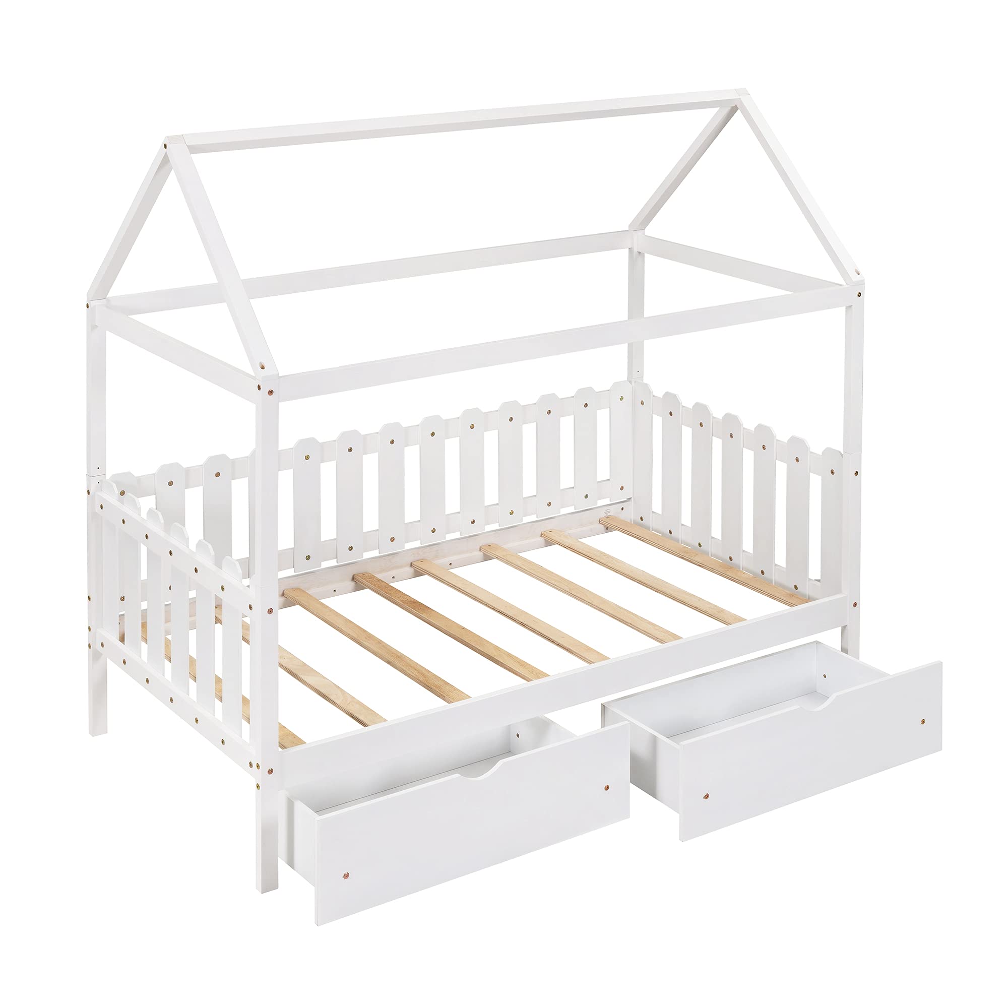 Modern Wooden Twin Size Platform Bed with 6 Drawers - Low Profile Daybed with Fence-Shaped Guardrail, No Box Spring Needed - Perfect for Small Bedrooms, Guest Rooms & Studio Apartments (White)