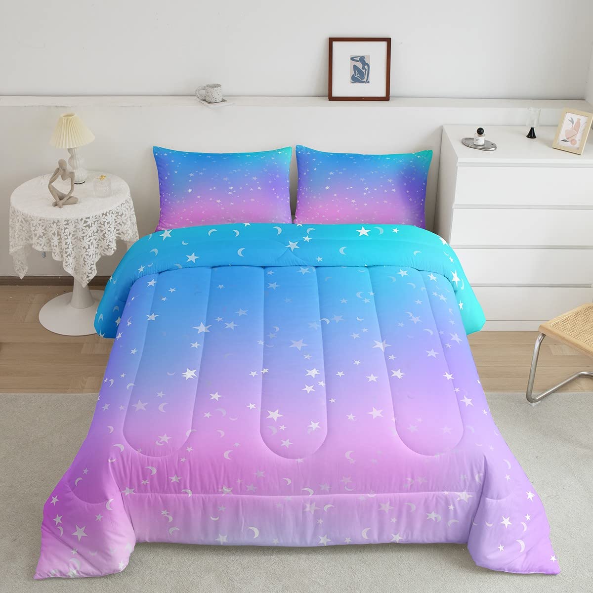 **Galaxy Comforter Set Twin Size - Ombre Glitter Bedding for Kids, Girls, Boys & Women - Rainbow Gradient Duvet Cover with Starry Sky Design - Pastel Sparkle Quilted Set (2-Piece, Blue & Pink) - Perfect for Bedroom Decor, Sleepovers & Cozy Nights**
