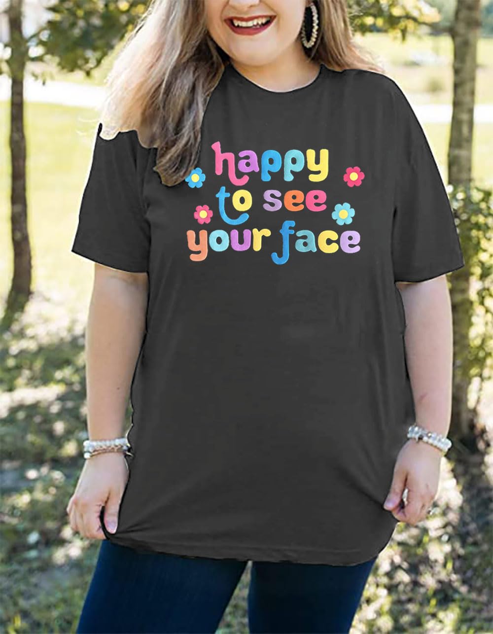 Plus Size Women's Teacher T-Shirt - Happy to See Your Face Graphic Tee | Back to School Teacher Gift | Casual Summer Vacation Top | Perfect for Classroom, Teacher Appreciation Week & School Events