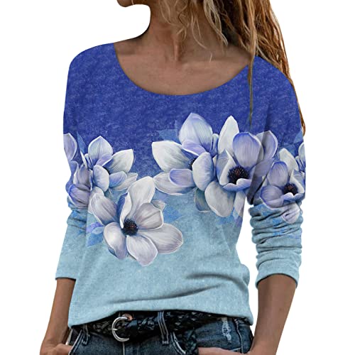 2022 Fall Women's Floral Print Tee Shirt - Cute Round Neck Long Sleeve Loose Fit Blouse | Trendy Casual Tops for Women | Perfect for Autumn Outfits, Date Nights & Office Wear