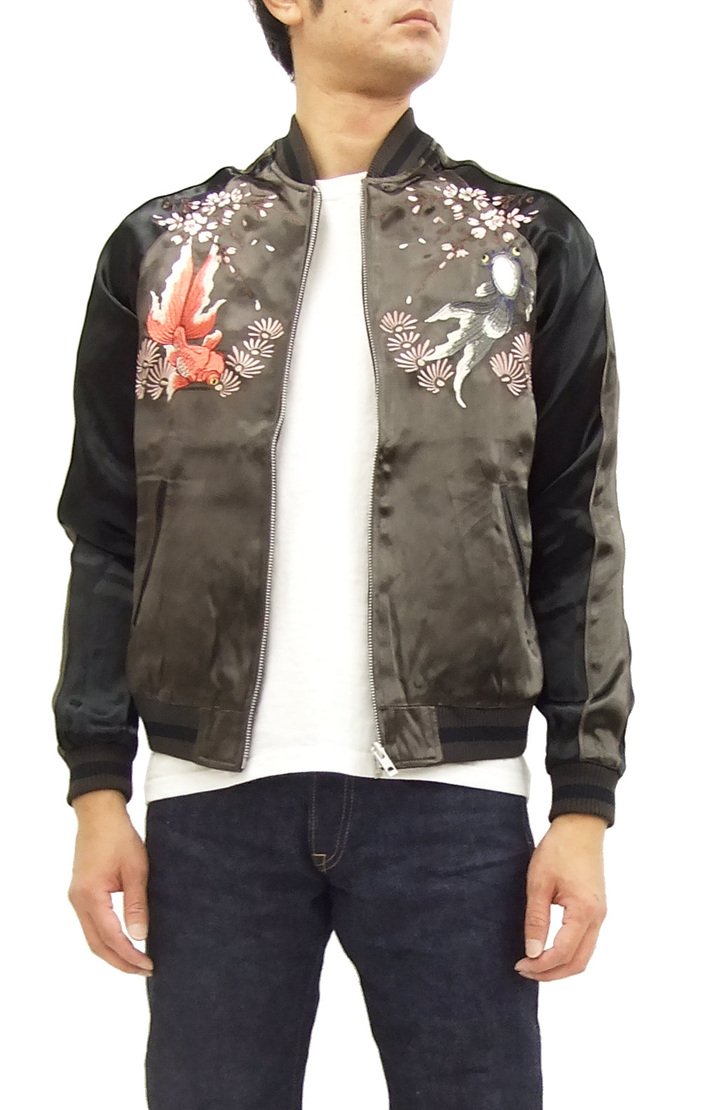 Japanese Souvenir Jacket for Men - Sukajan Bomber with Goldfish Embroidery in Charcoal Gray/Black | Vintage-Inspired Asian Streetwear | Perfect for Casual Outfits, Festival Fashion & Urban Style
