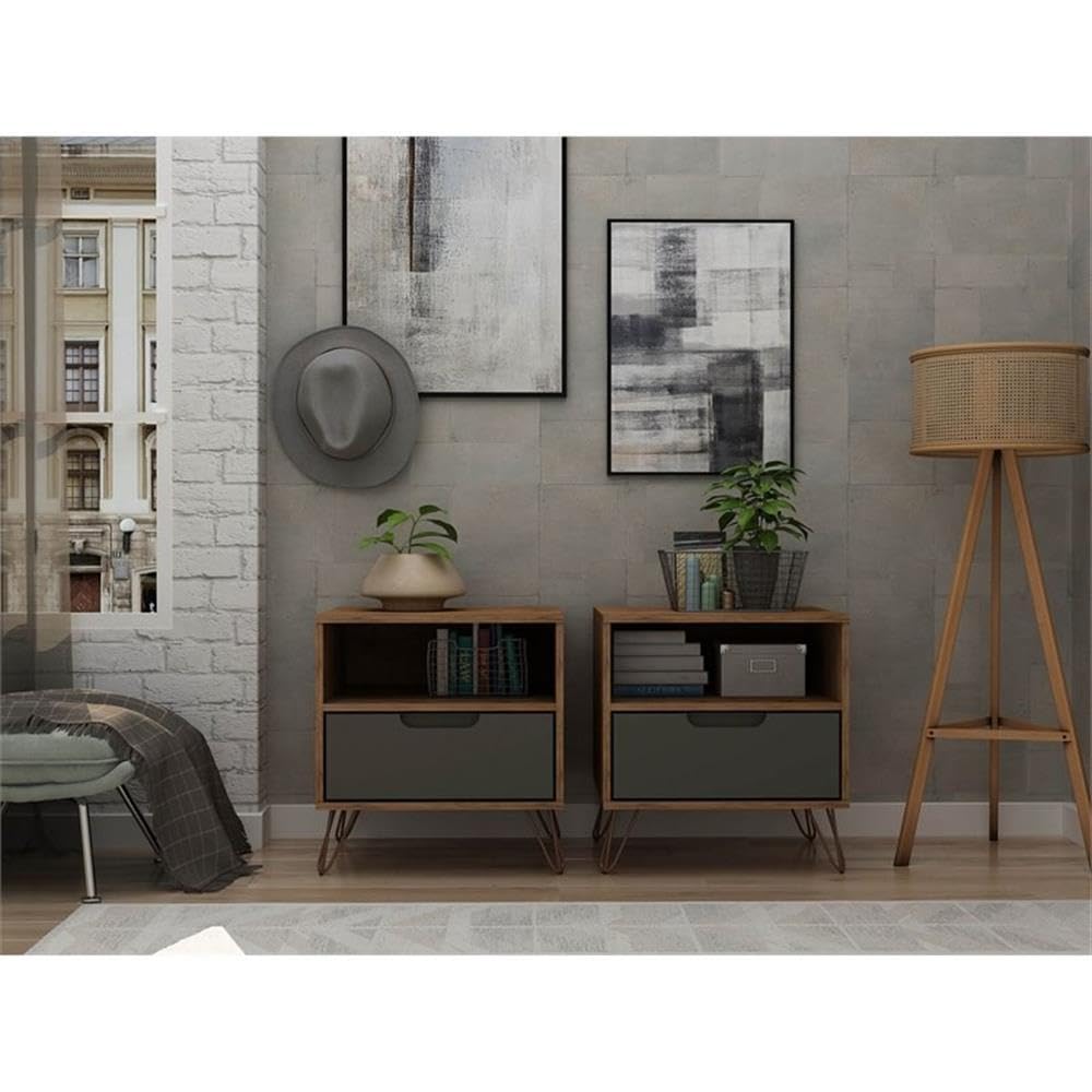 Mid Century Modern Nightstands Set of 2 with Drawer & Cubby - Functional Storage Organizer for Bedroom & Living Room - Grey Manhattan Comfort Rockefeller Bedside Tables - Perfect for Small Spaces, Guest Rooms & Apartment Decor