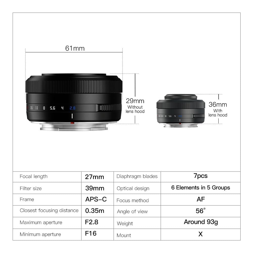 TTARTISAN AF 27mm f2.8 APS-C Ultra-Compact Pancake Lens for Fujifilm X Mount Cameras (XS10, X-E4, X-T3, X-T4, X-T30, X-Pro3) - Black | Perfect for Street Photography & Travel