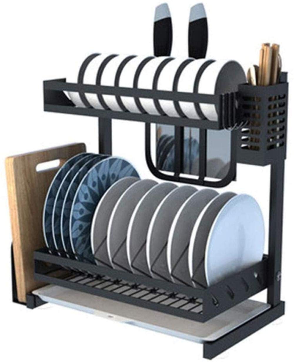 HongLianRiven Dish Drying Rack with Utensil Holder - Stainless Steel Cutlery Drainer Shelf, Removable Knife Hooks & Drip Tray - Space Saving Kitchen Counter Organizer for Utensils, Spoons & Cutting Boards - Perfect for Small Kitchens, Apartments & RV Use